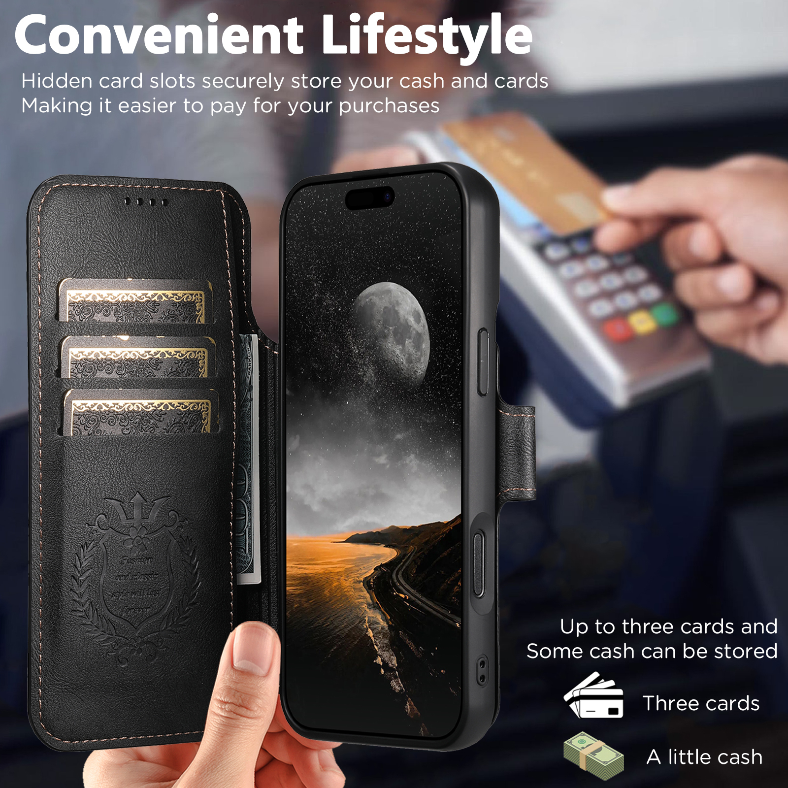 SUTENI Q05 Faux Leather Wireless Charging Card Holder Stand Wallet Magnetic Flip Cover Phone Case For iPhone 17 Pro Max 16 Plus 15 14 13 12