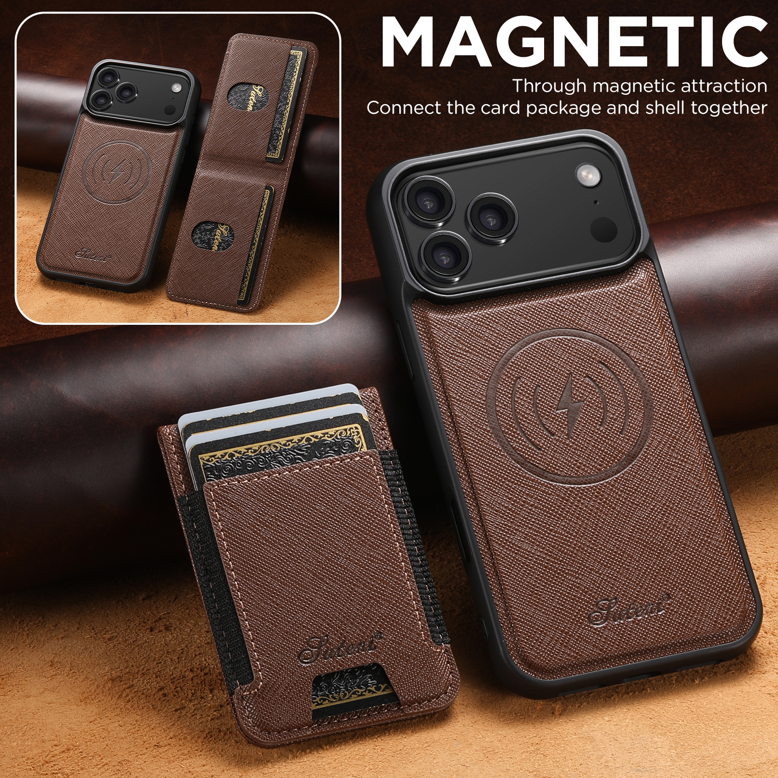 SUTENI H17SZ Wireless Charging Magnet Phone Case Card Holder Stand Faux Leather For iPhone 17 Pro Max 16 Plus 15 14 13 12