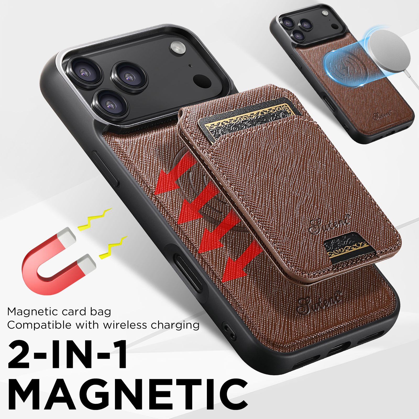 SUTENI H18SZ Phone Case Wireless Charging Magnet Card Holder Stand Faux Leather For iPhone 17 Pro Max 16 Plus 15 14 13 12