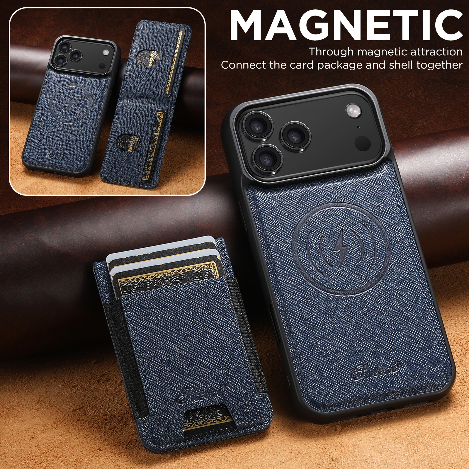 SUTENI H17SZ Wireless Charging Magnet Phone Case Card Holder Stand Faux Leather For iPhone 17 Pro Max 16 Plus 15 14 13 12