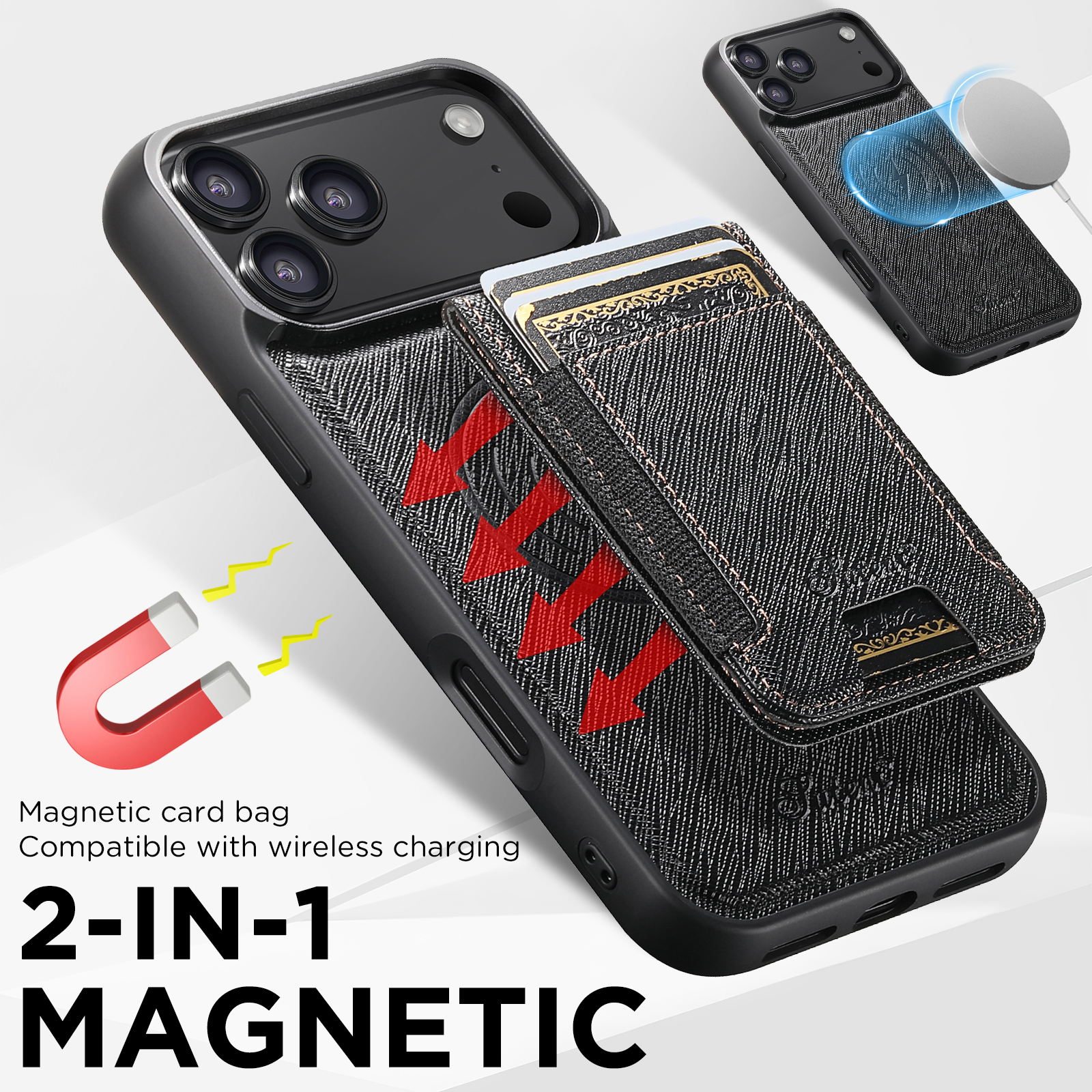 SUTENI H17SZ Wireless Charging Magnet Phone Case Card Holder Stand Faux Leather For iPhone 17 Pro Max 16 Plus 15 14 13 12