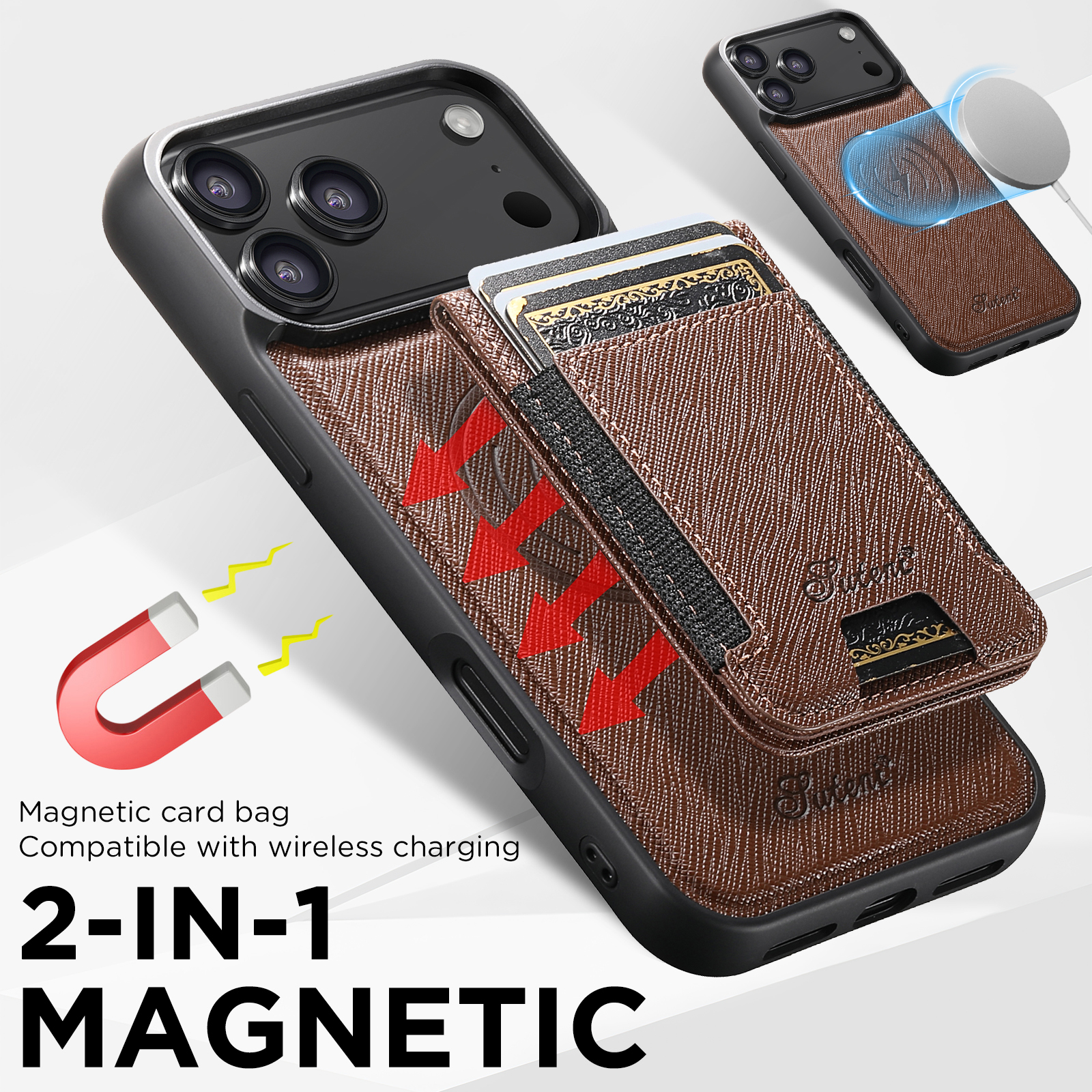 SUTENI H17SZ Wireless Charging Magnet Phone Case Card Holder Stand Faux Leather For iPhone 17 Pro Max 16 Plus 15 14 13 12