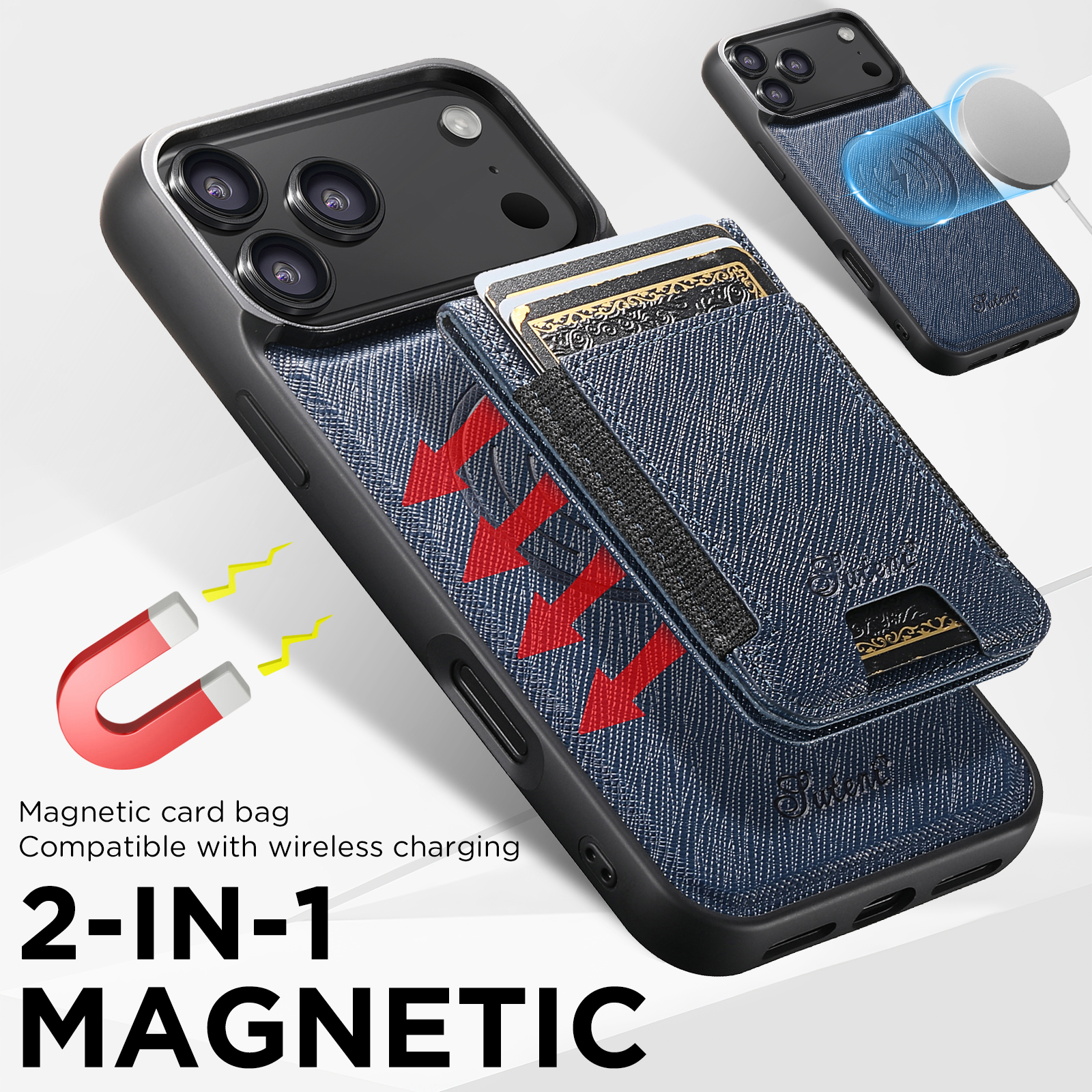 SUTENI H17SZ Wireless Charging Magnet Phone Case Card Holder Stand Faux Leather For iPhone 17 Pro Max 16 Plus 15 14 13 12