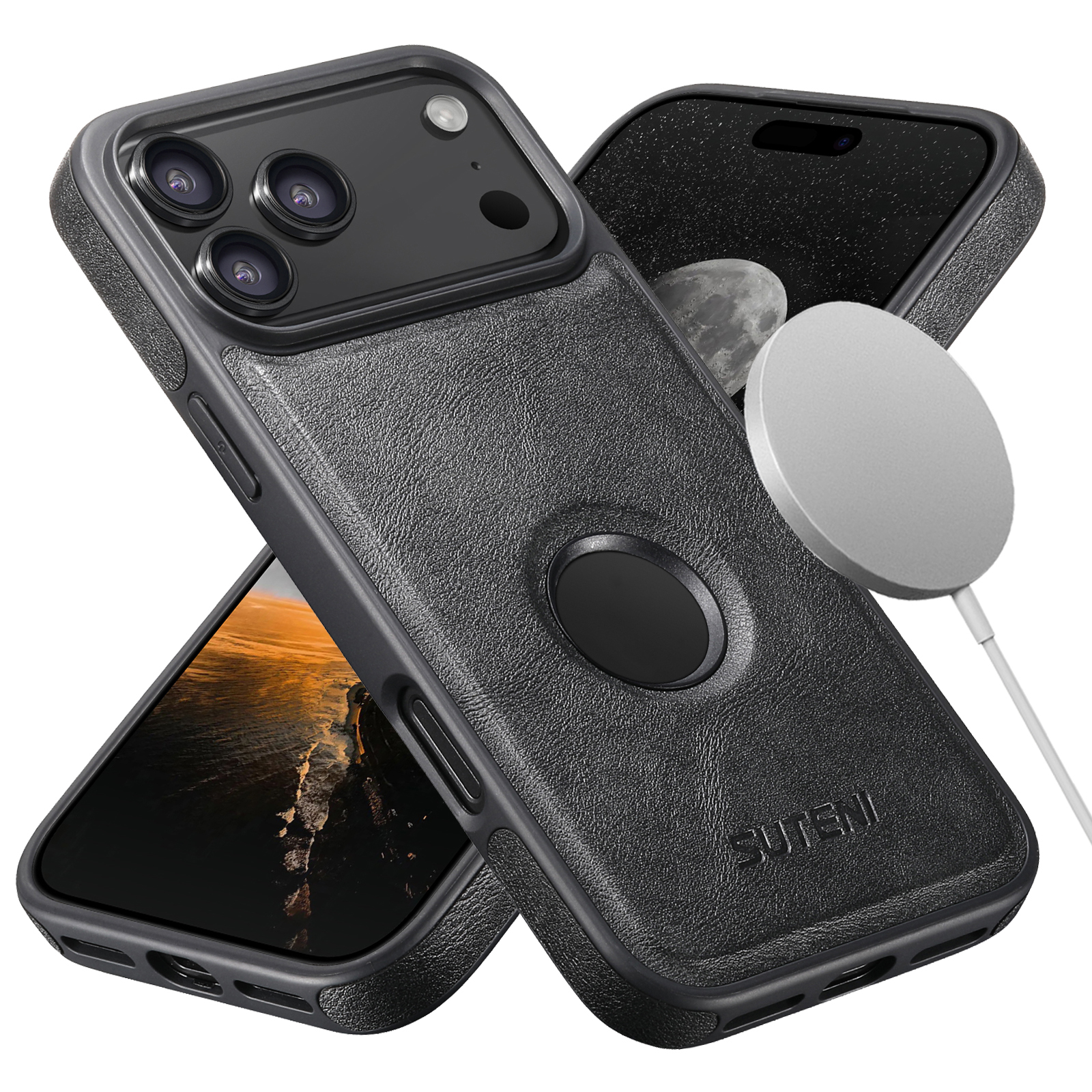 SUTENI G1 Wireless Charging Luxury Faux Leather Magnet Phone Case For iPhone 17 Pro Max 16 Plus 15 14 13 12