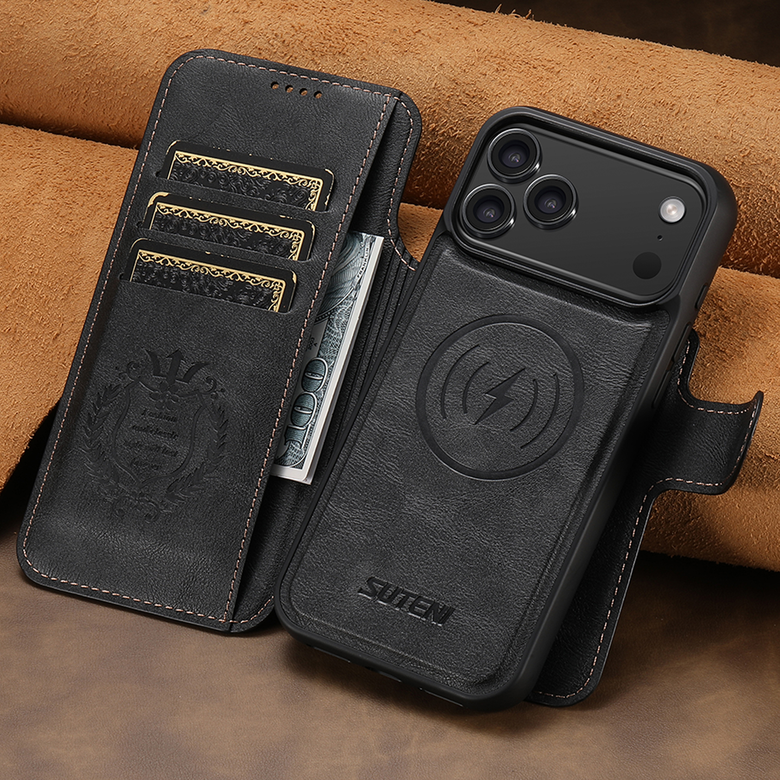 SUTENI Q05 Faux Leather Wireless Charging Card Holder Stand Wallet Magnetic Flip Cover Phone Case For iPhone 17 Pro Max 16 Plus 15 14 13 12