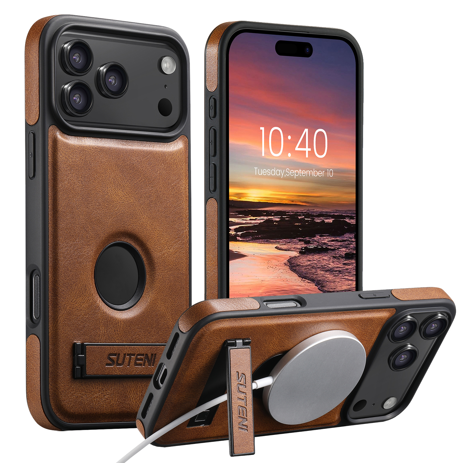 SUTENI G2YL Luxury Faux Leather Phone Case Stand Magnet Wireless Charging Smooth Surface For iPhone 17 Pro Max 16 Plus 15 14 13 12
