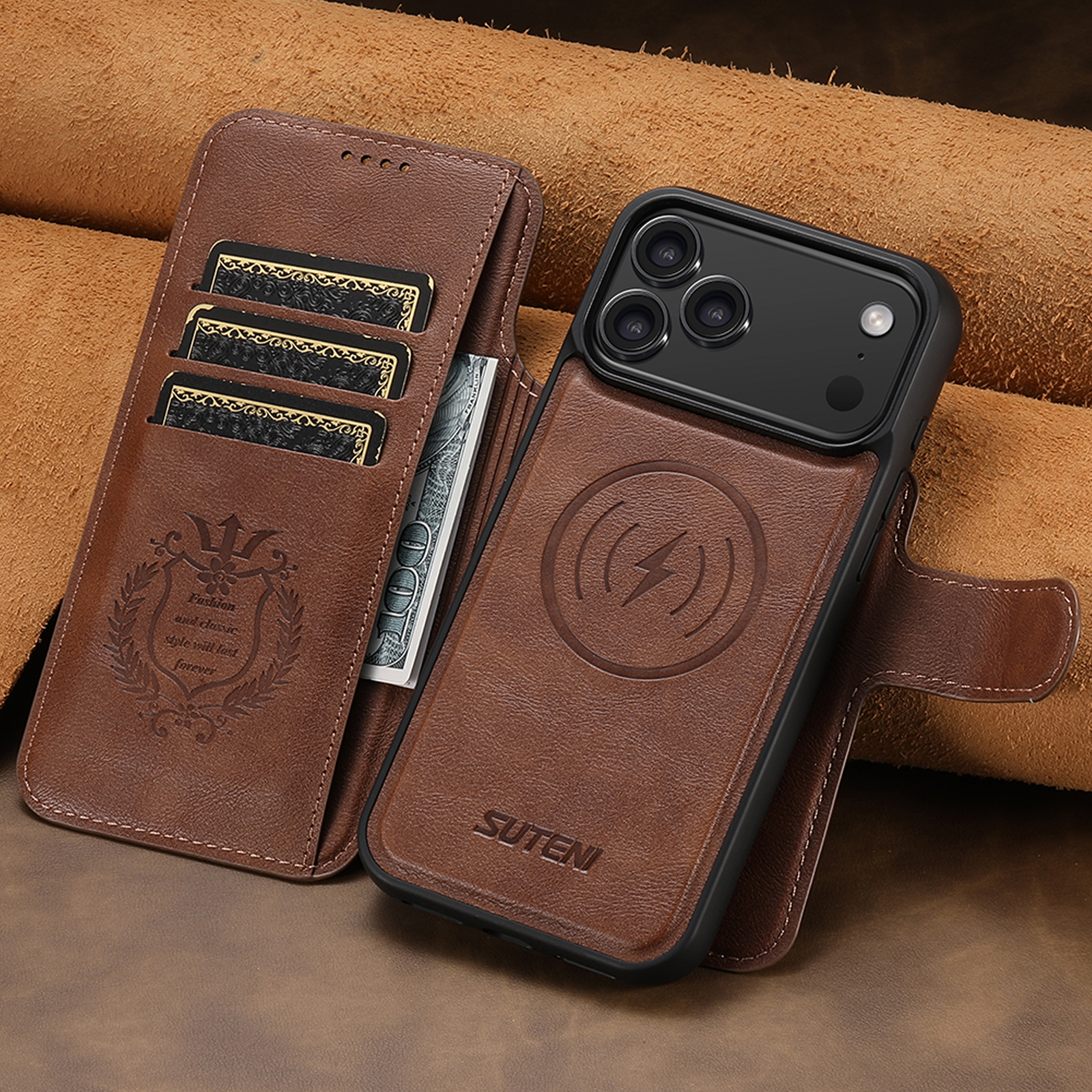 SUTENI Q05 Faux Leather Wireless Charging Card Holder Stand Wallet Magnetic Flip Cover Phone Case For iPhone 17 Pro Max 16 Plus 15 14 13 12
