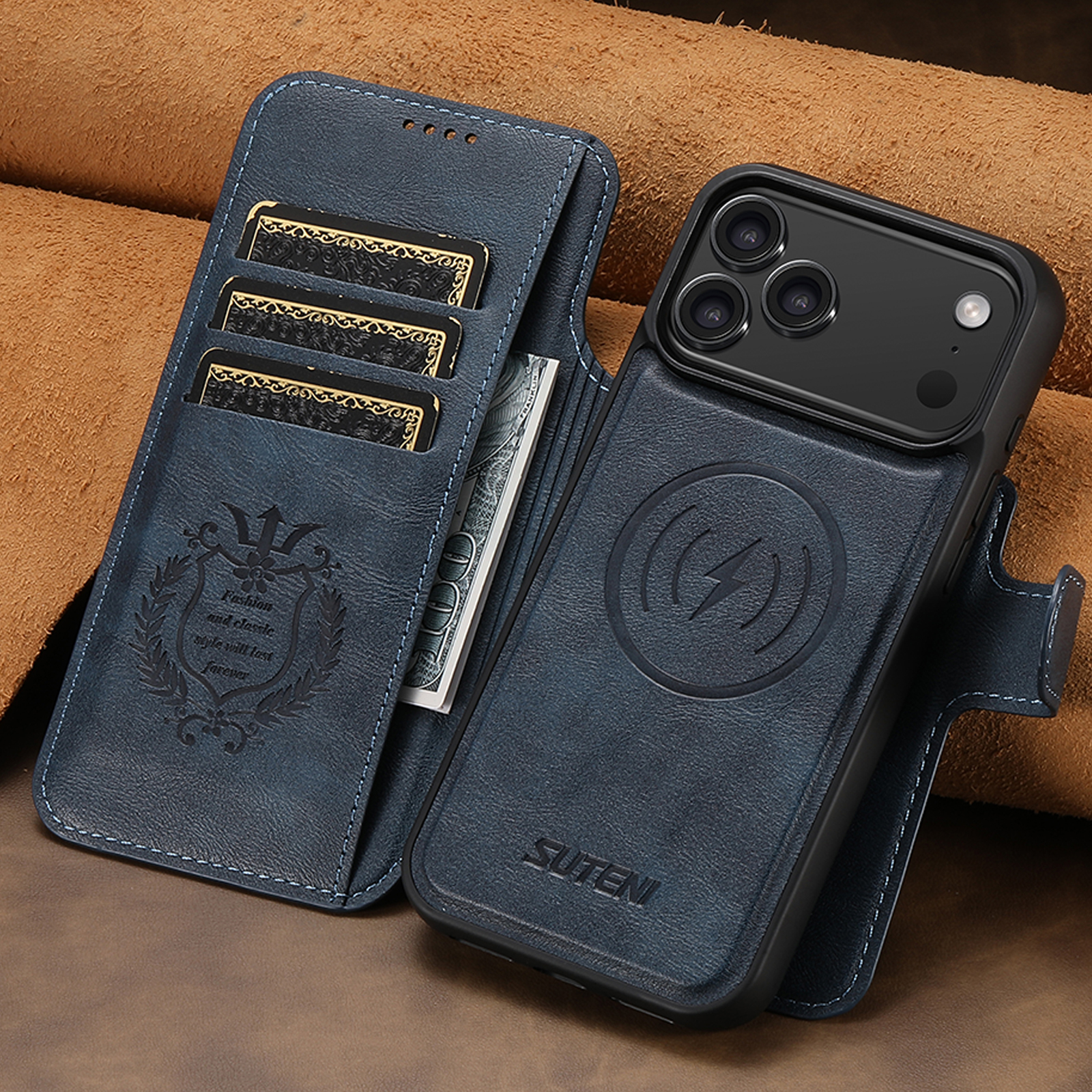 SUTENI Q05 Faux Leather Wireless Charging Card Holder Stand Wallet Magnetic Flip Cover Phone Case For iPhone 17 Pro Max 16 Plus 15 14 13 12