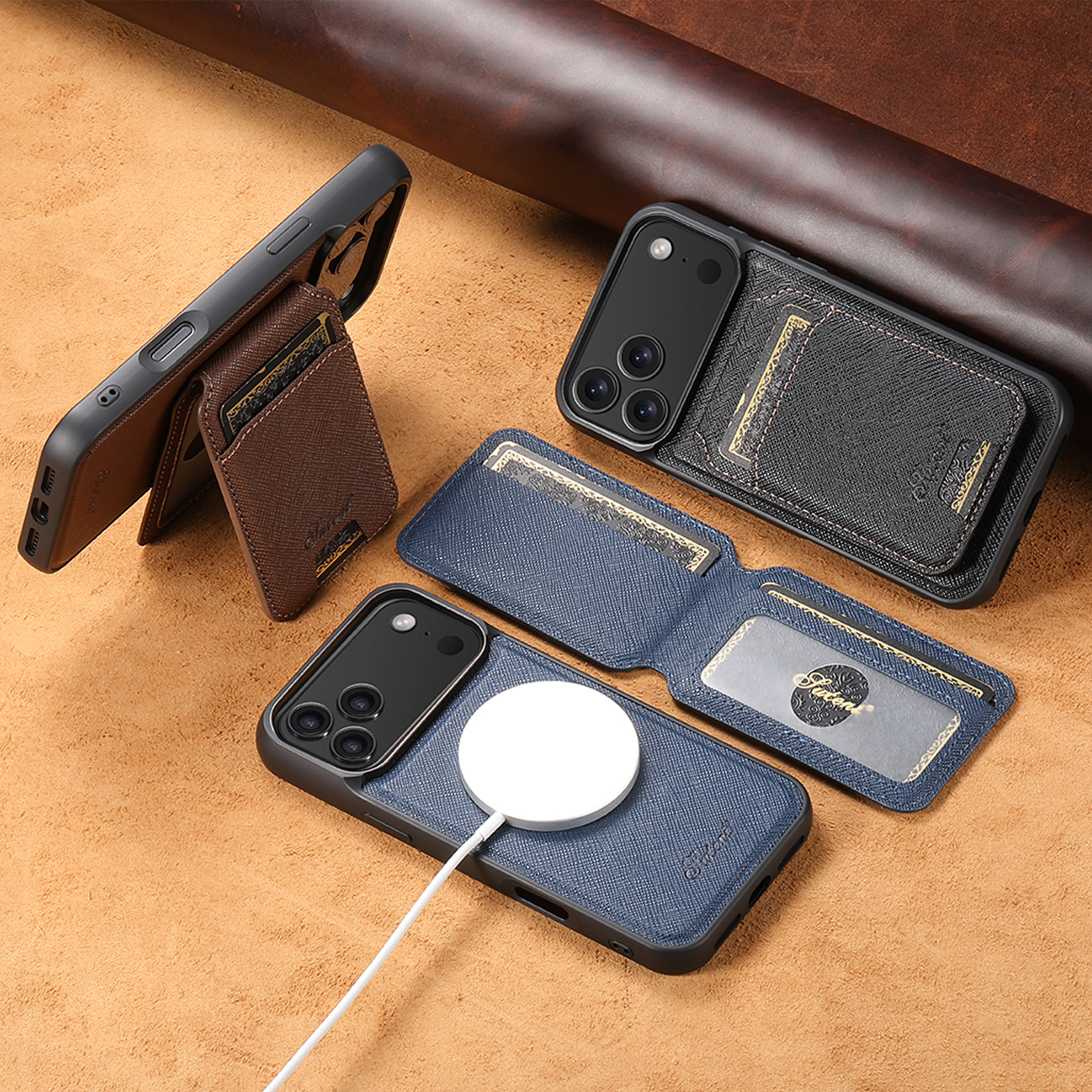 SUTENI H18SZ Phone Case Wireless Charging Magnet Card Holder Stand Faux Leather For iPhone 17 Pro Max 16 Plus 15 14 13 12