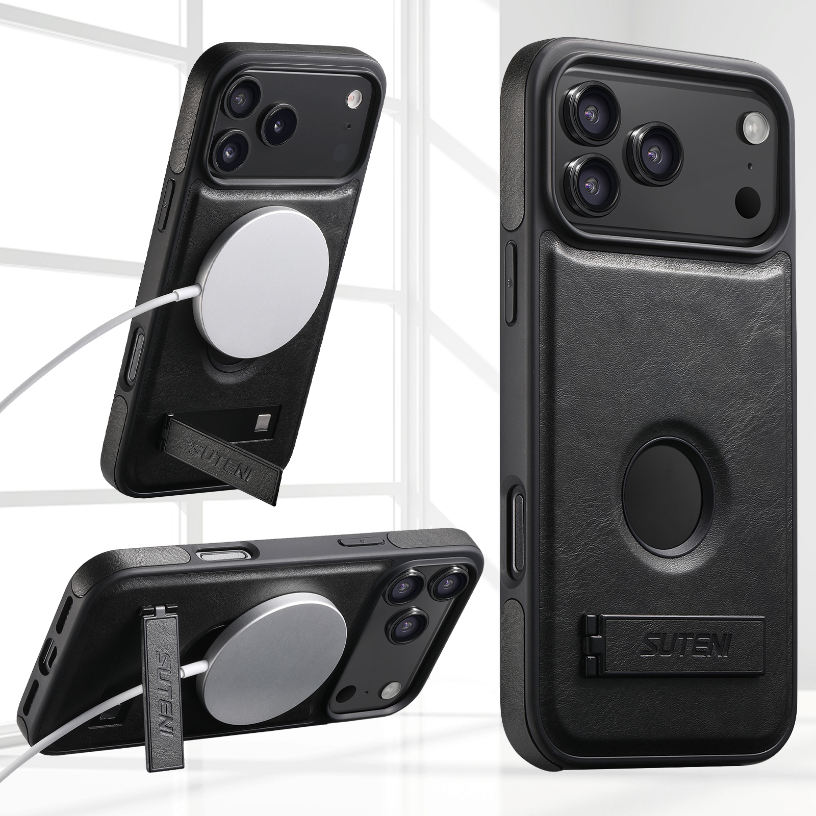 SUTENI G2YL Luxury Faux Leather Phone Case Stand Magnet Wireless Charging Smooth Surface For iPhone 17 Pro Max 16 Plus 15 14 13 12