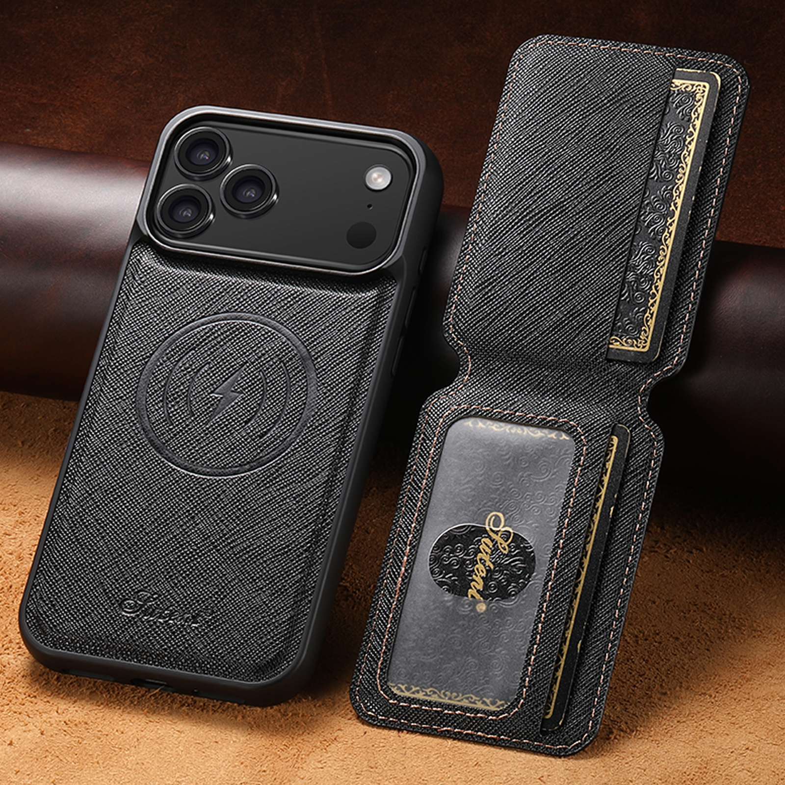 SUTENI H18SZ Phone Case Wireless Charging Magnet Card Holder Stand Faux Leather For iPhone 17 Pro Max 16 Plus 15 14 13 12