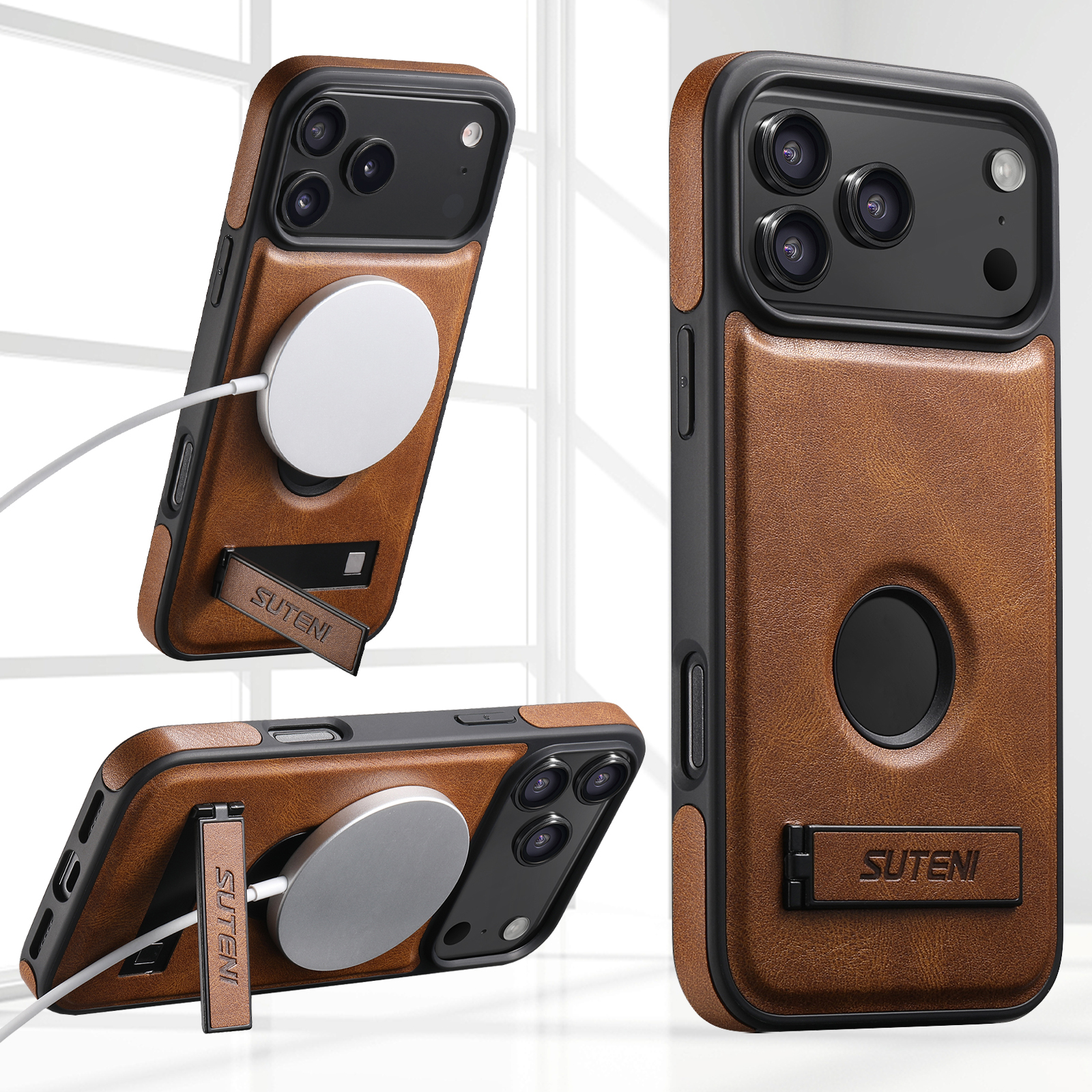 SUTENI G2YL Luxury Faux Leather Phone Case Stand Magnet Wireless Charging Smooth Surface For iPhone 17 Pro Max 16 Plus 15 14 13 12