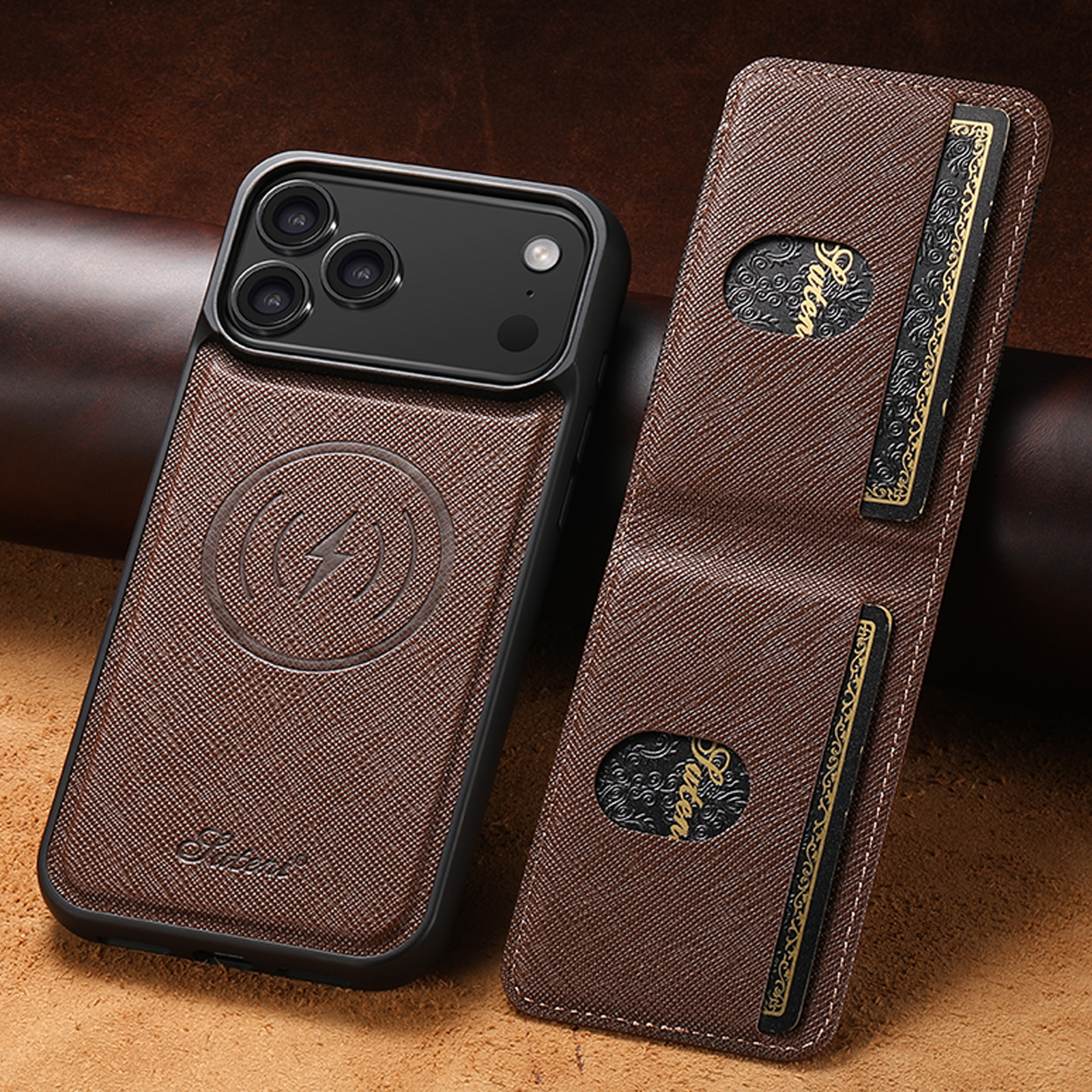 SUTENI H17SZ Wireless Charging Magnet Phone Case Card Holder Stand Faux Leather For iPhone 17 Pro Max 16 Plus 15 14 13 12