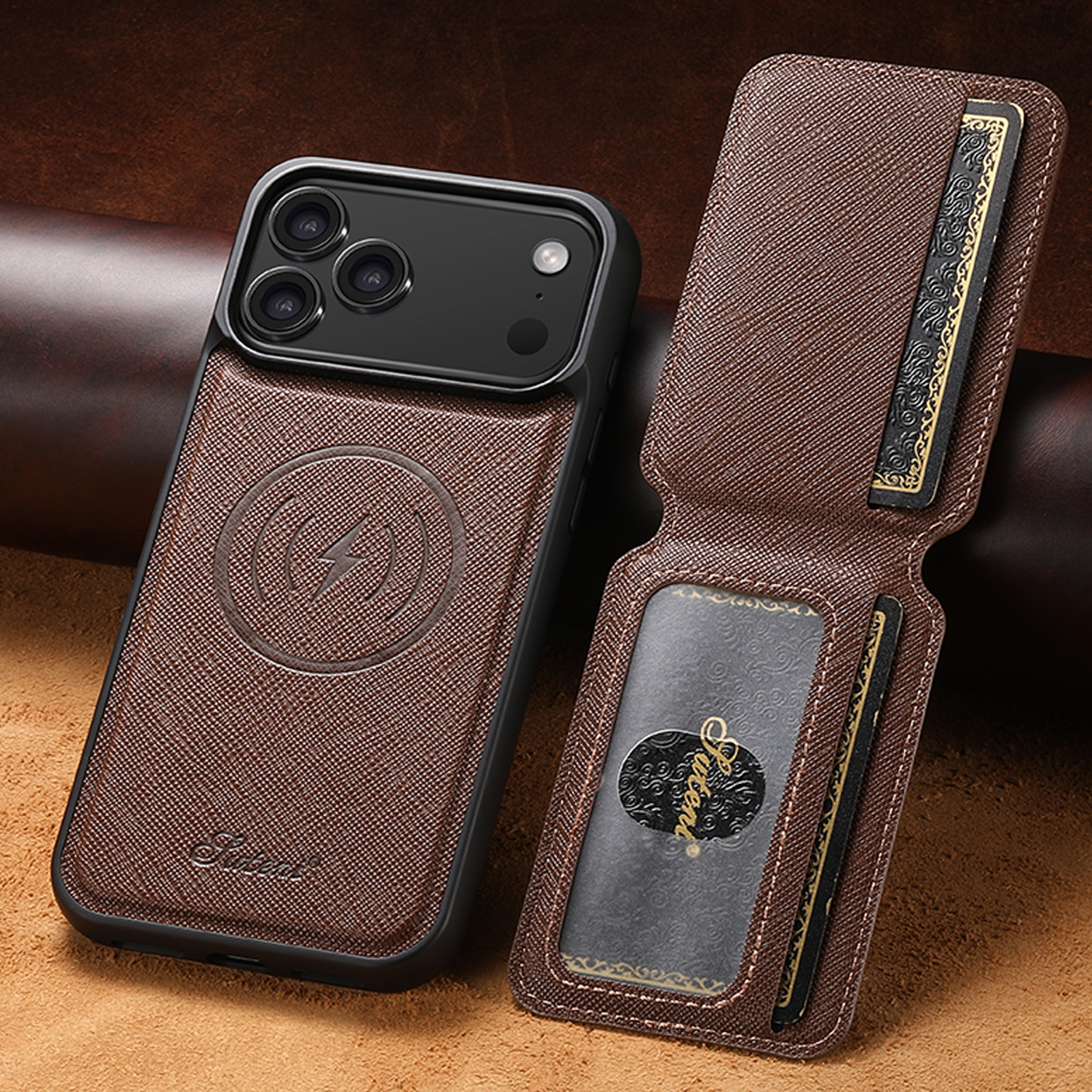 SUTENI H18SZ Phone Case Wireless Charging Magnet Card Holder Stand Faux Leather For iPhone 17 Pro Max 16 Plus 15 14 13 12