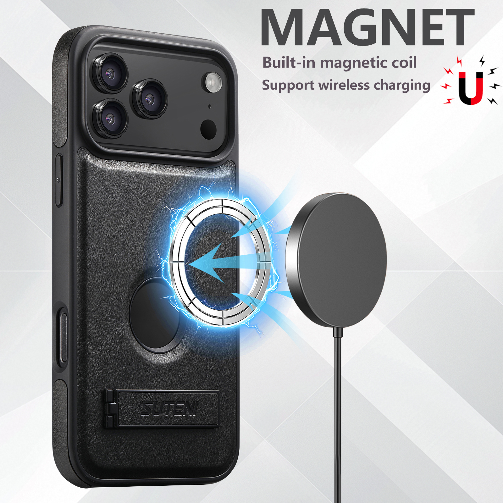 SUTENI G2YL Luxury Faux Leather Phone Case Stand Magnet Wireless Charging Smooth Surface For iPhone 17 Pro Max 16 Plus 15 14 13 12