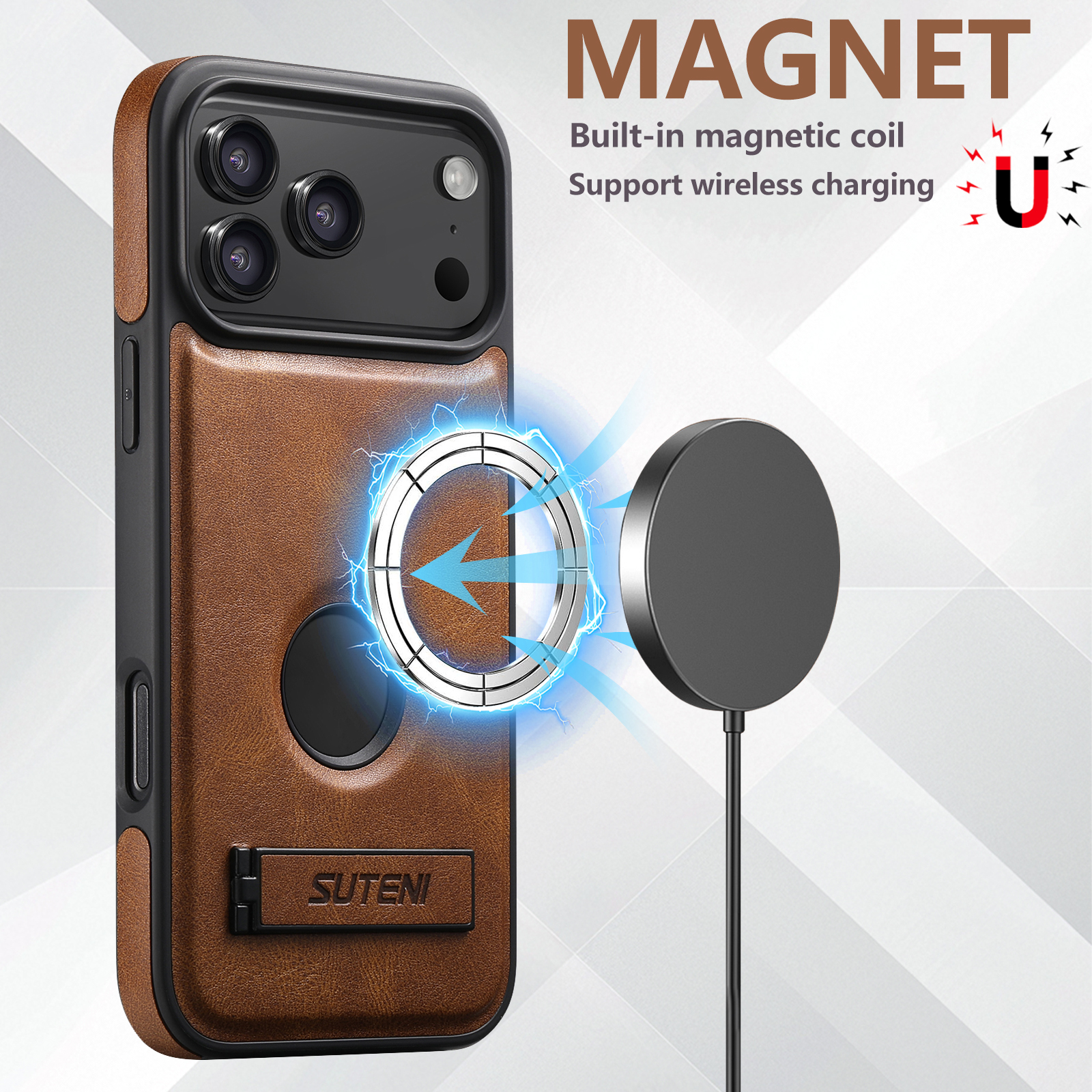 SUTENI G2YL Luxury Faux Leather Phone Case Stand Magnet Wireless Charging Smooth Surface For iPhone 17 Pro Max 16 Plus 15 14 13 12