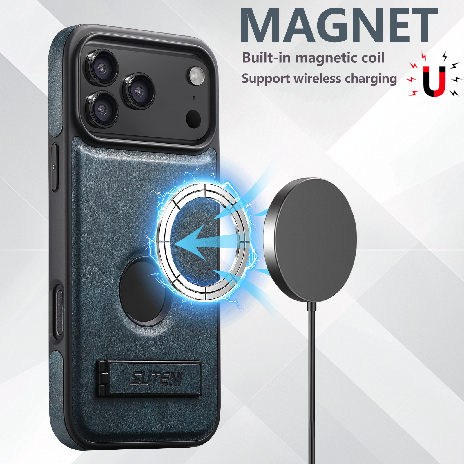 SUTENI G2YL Luxury Faux Leather Phone Case Stand Magnet Wireless Charging Smooth Surface For iPhone 17 Pro Max 16 Plus 15 14 13 12