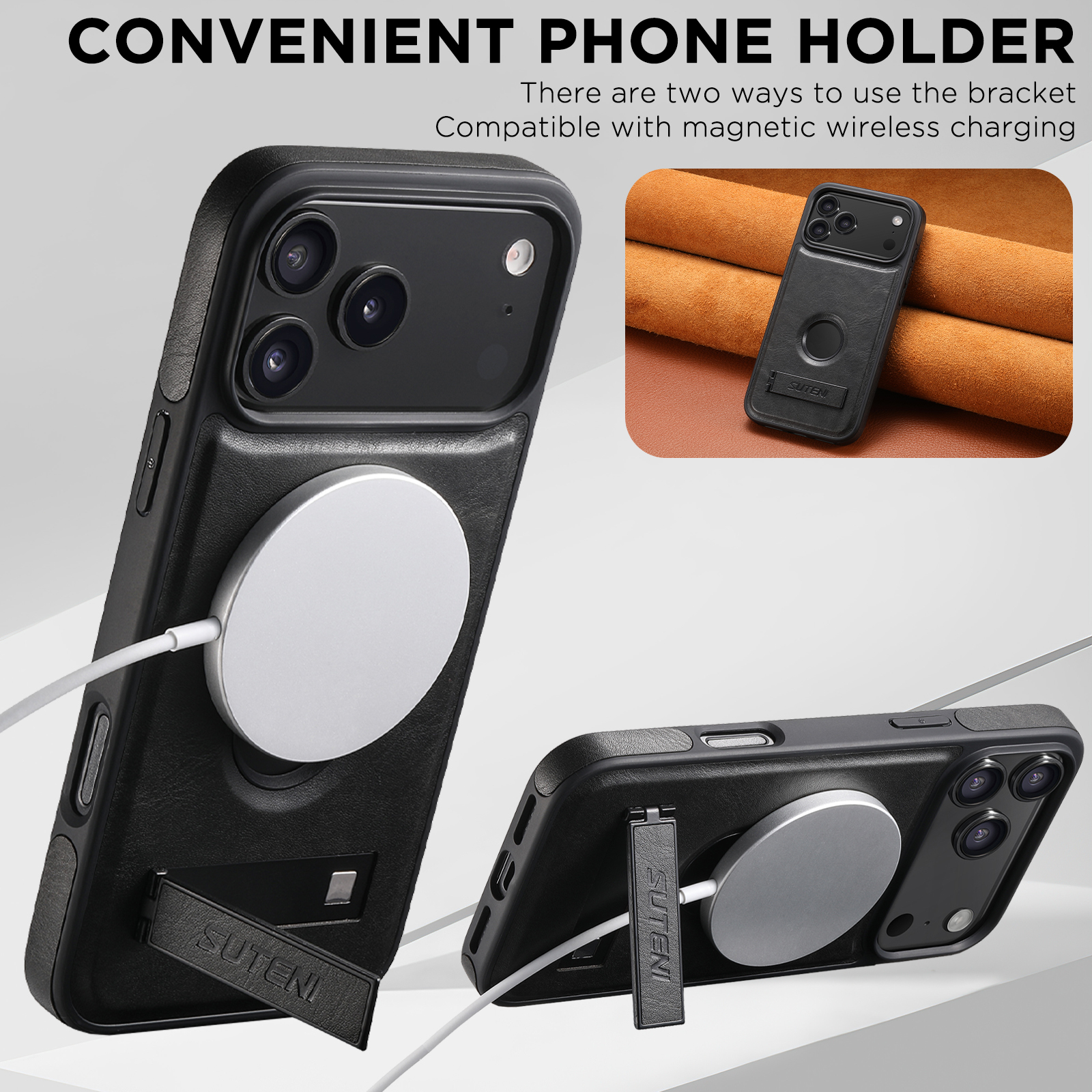 SUTENI G2YL Luxury Faux Leather Phone Case Stand Magnet Wireless Charging Smooth Surface For iPhone 17 Pro Max 16 Plus 15 14 13 12