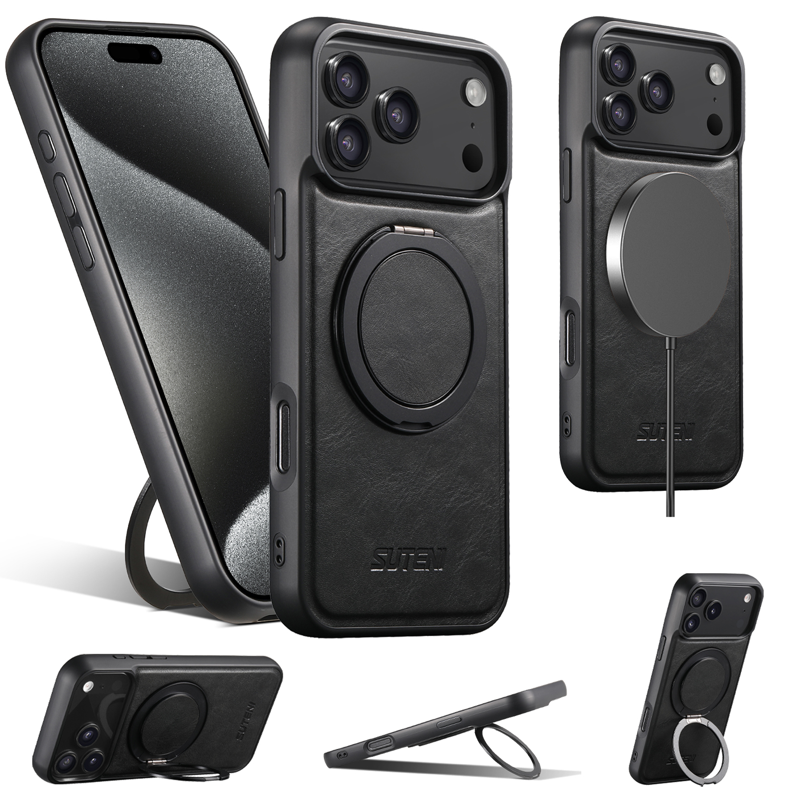 SUTENI G3YL Oil Wax PU Leather Magnet Wireless Charging Phone Case 360° Rotating Stand Buckle For iPhone 16 Pro Max 15 Plus 14 Pro 13 12