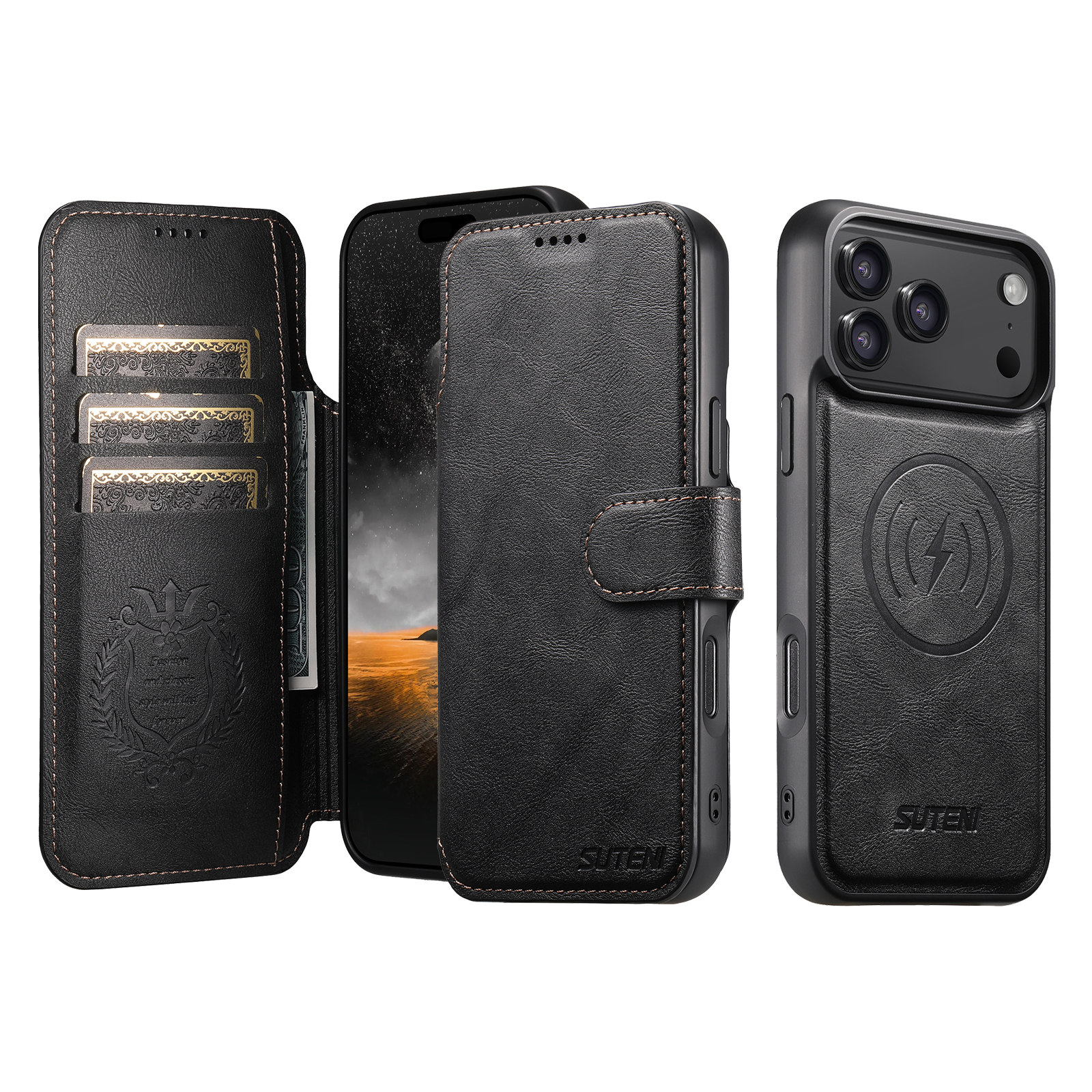 SUTENI Q05 Faux Leather Wireless Charging Card Holder Stand Wallet Magnetic Flip Cover Phone Case For iPhone 17 Pro Max 16 Plus 15 14 13 12