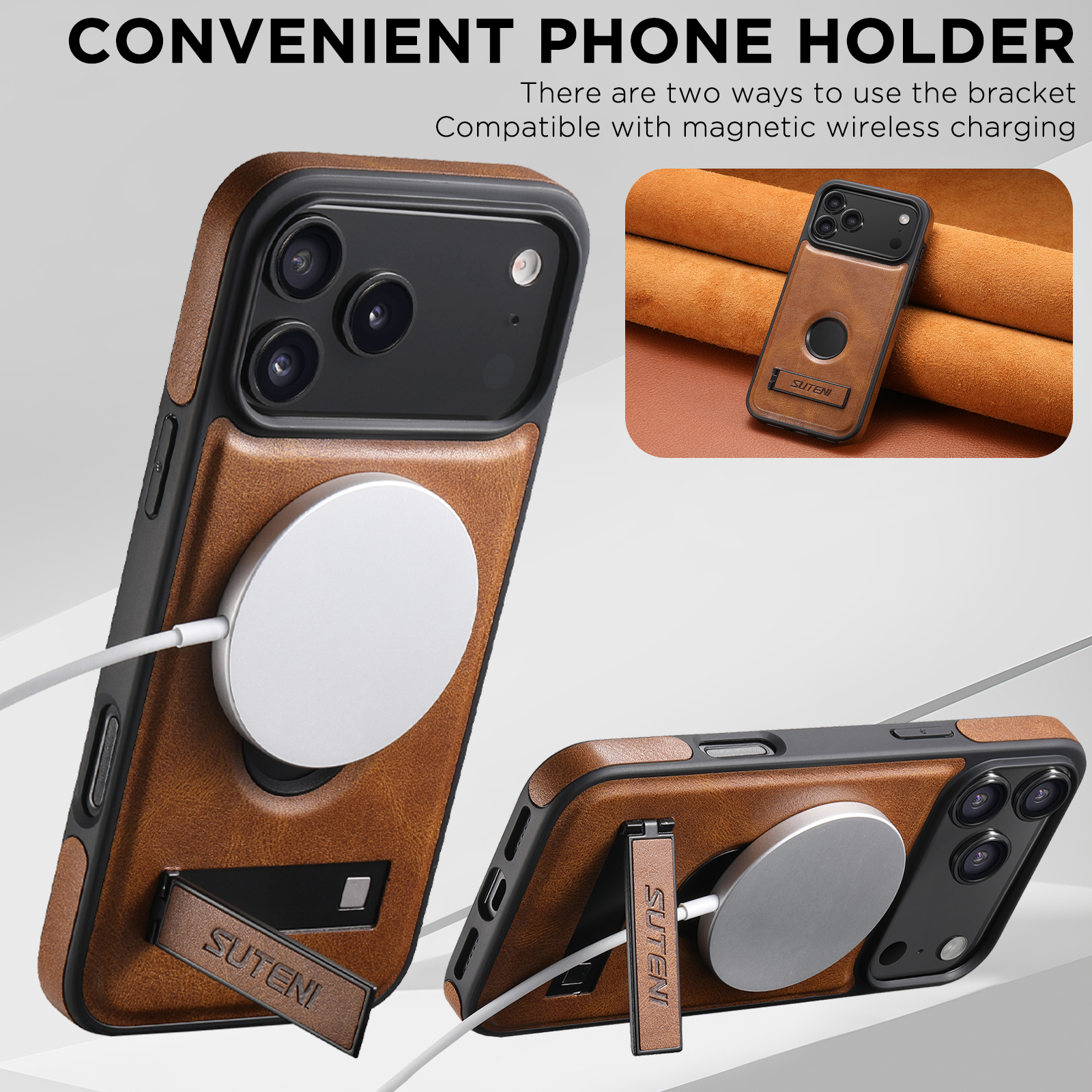 SUTENI G2YL Luxury Faux Leather Phone Case Stand Magnet Wireless Charging Smooth Surface For iPhone 17 Pro Max 16 Plus 15 14 13 12