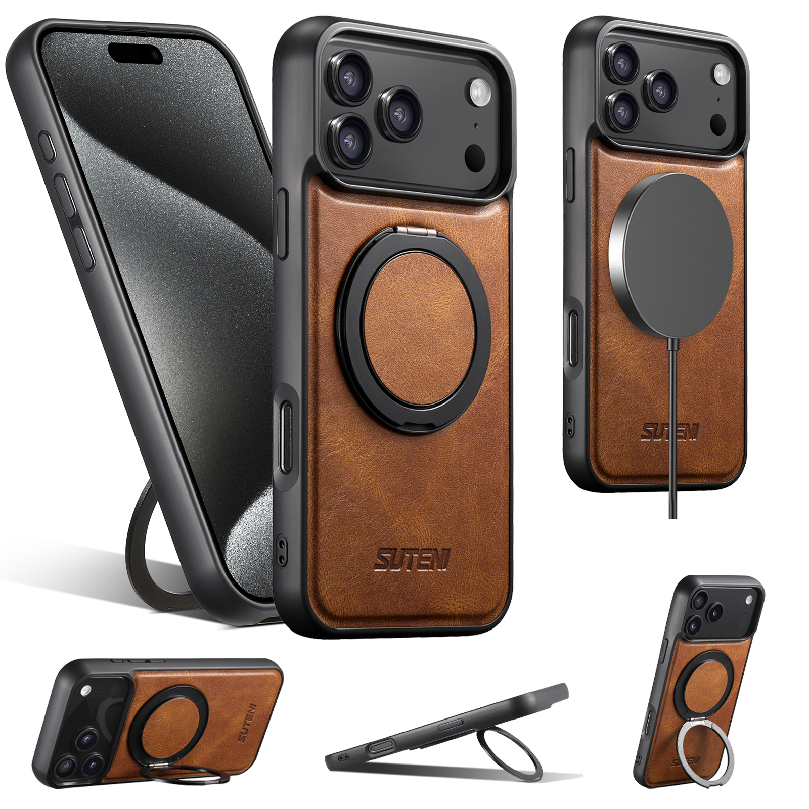 SUTENI G3YL Oil Wax PU Leather Magnet Wireless Charging Phone Case 360° Rotating Stand Buckle For iPhone 16 Pro Max 15 Plus 14 Pro 13 12