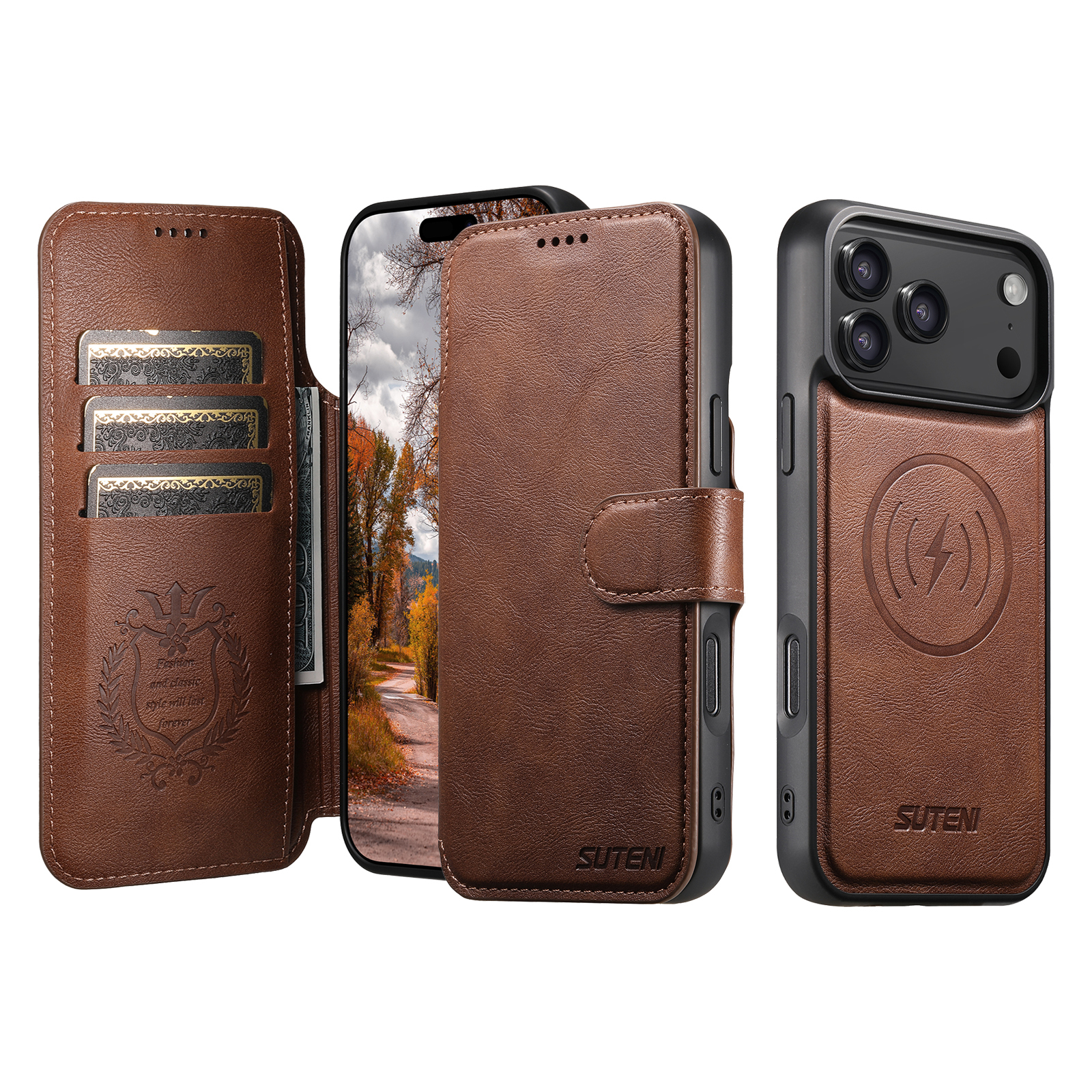 SUTENI Q05 Faux Leather Wireless Charging Card Holder Stand Wallet Magnetic Flip Cover Phone Case For iPhone 17 Pro Max 16 Plus 15 14 13 12