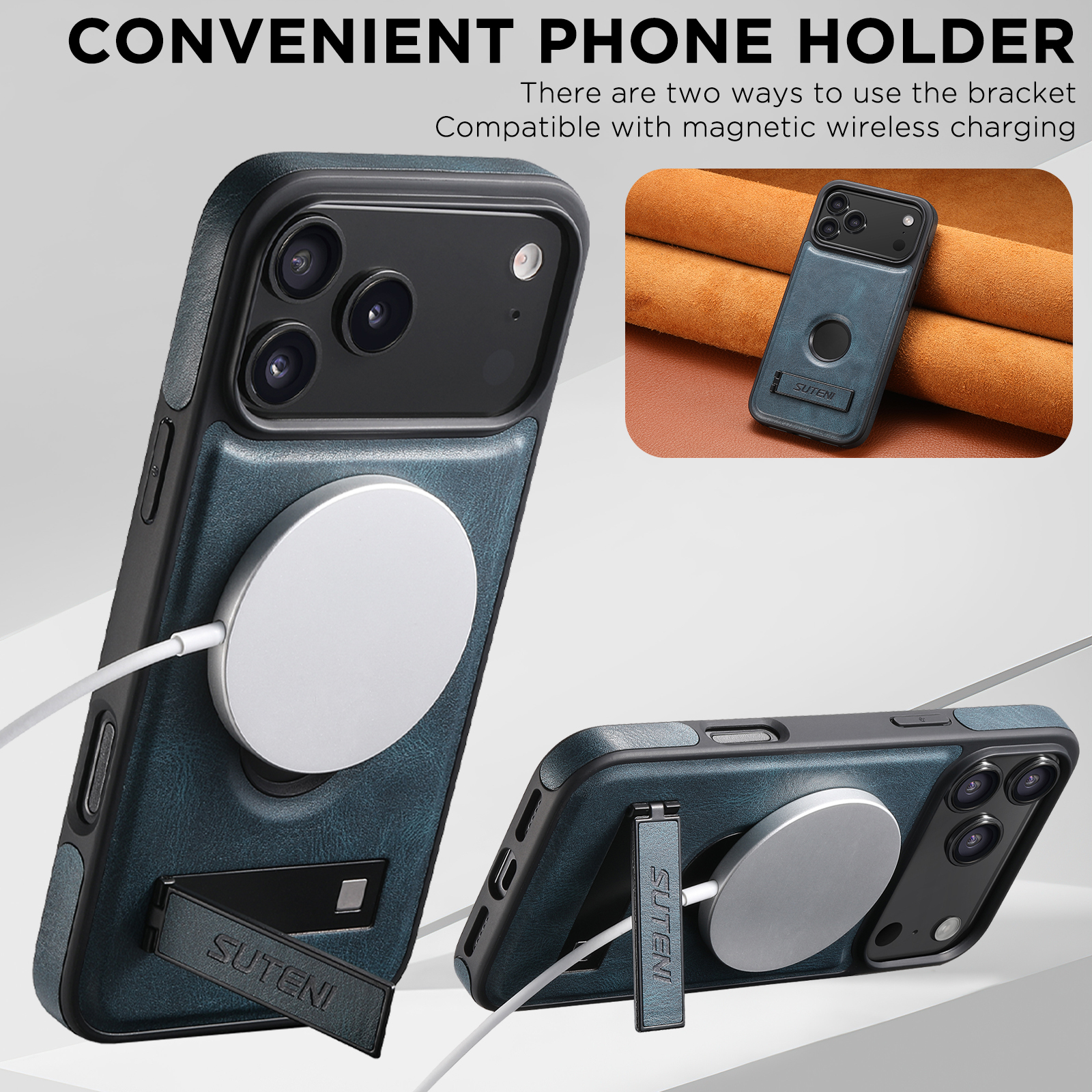 SUTENI G2YL Luxury Faux Leather Phone Case Stand Magnet Wireless Charging Smooth Surface For iPhone 17 Pro Max 16 Plus 15 14 13 12