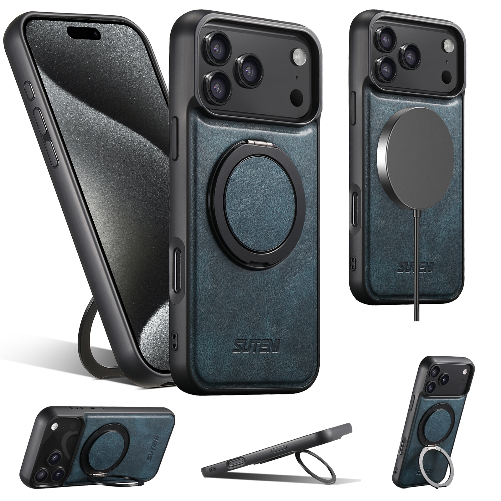 SUTENI G3YL Oil Wax PU Leather Magnet Wireless Charging Phone Case 360° Rotating Stand Buckle For iPhone 16 Pro Max 15 Plus 14 Pro 13 12