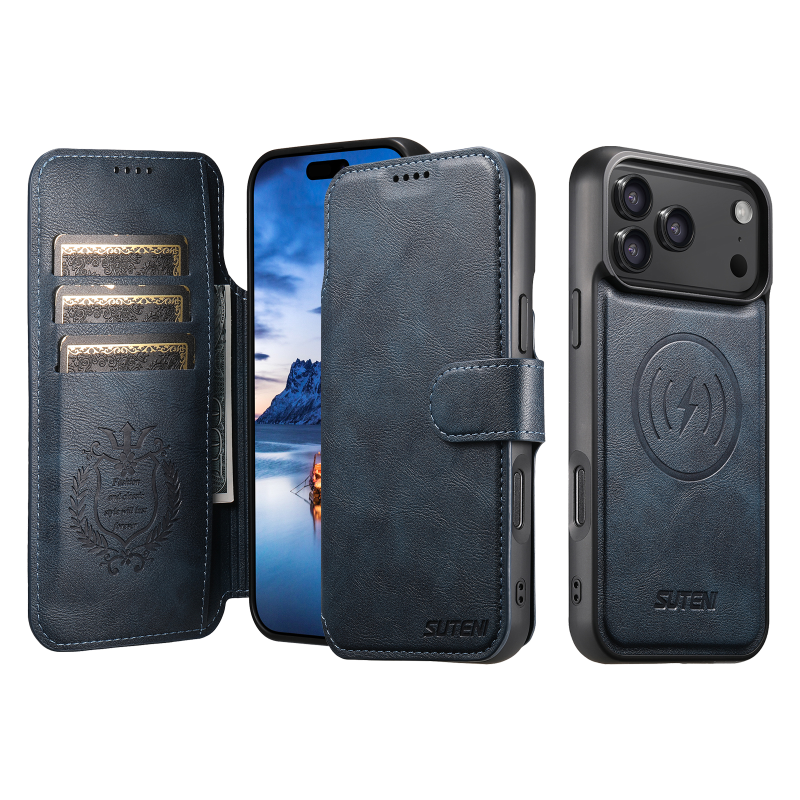 SUTENI Q05 Faux Leather Wireless Charging Card Holder Stand Wallet Magnetic Flip Cover Phone Case For iPhone 17 Pro Max 16 Plus 15 14 13 12