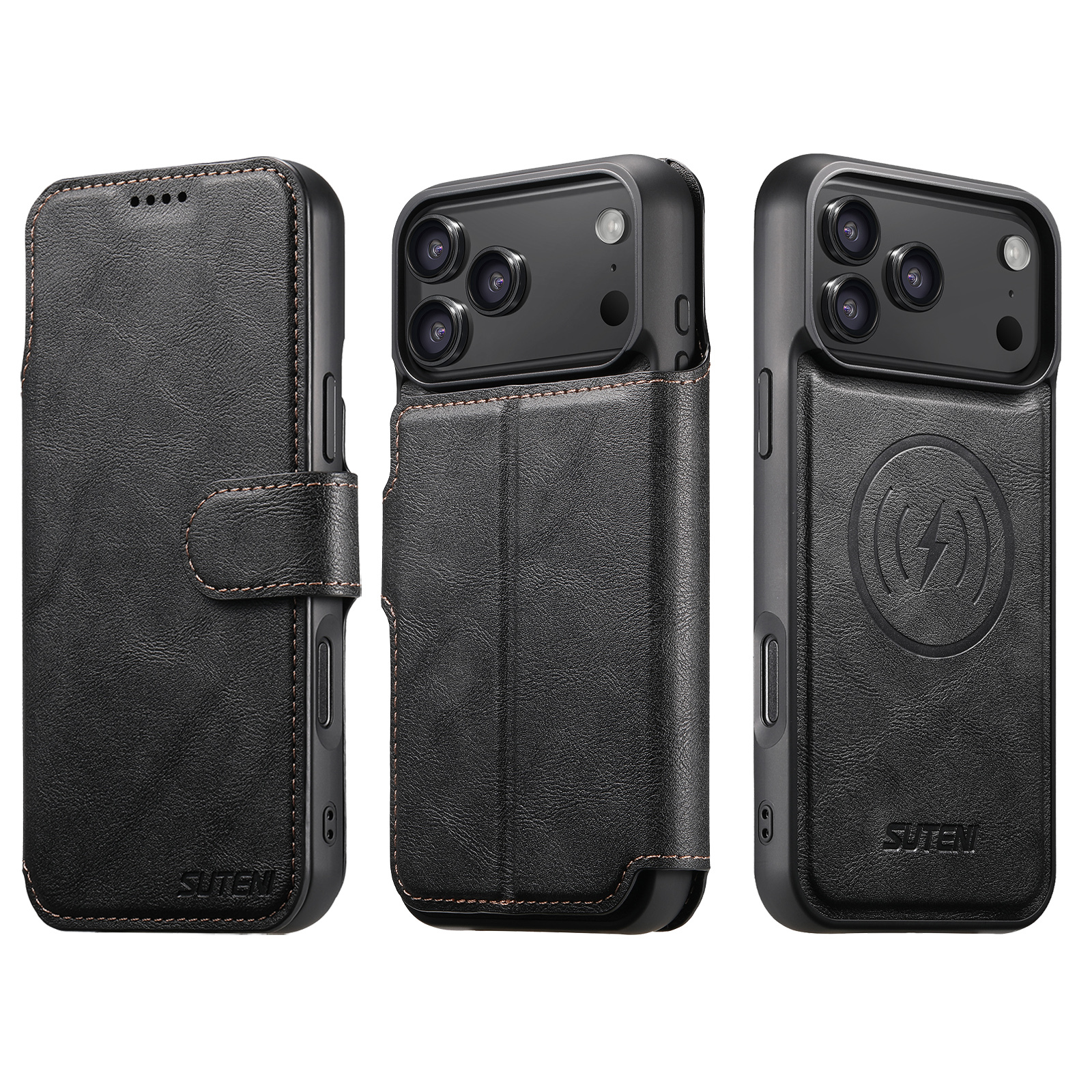 SUTENI Q05 Faux Leather Wireless Charging Card Holder Stand Wallet Magnetic Flip Cover Phone Case For iPhone 17 Pro Max 16 Plus 15 14 13 12