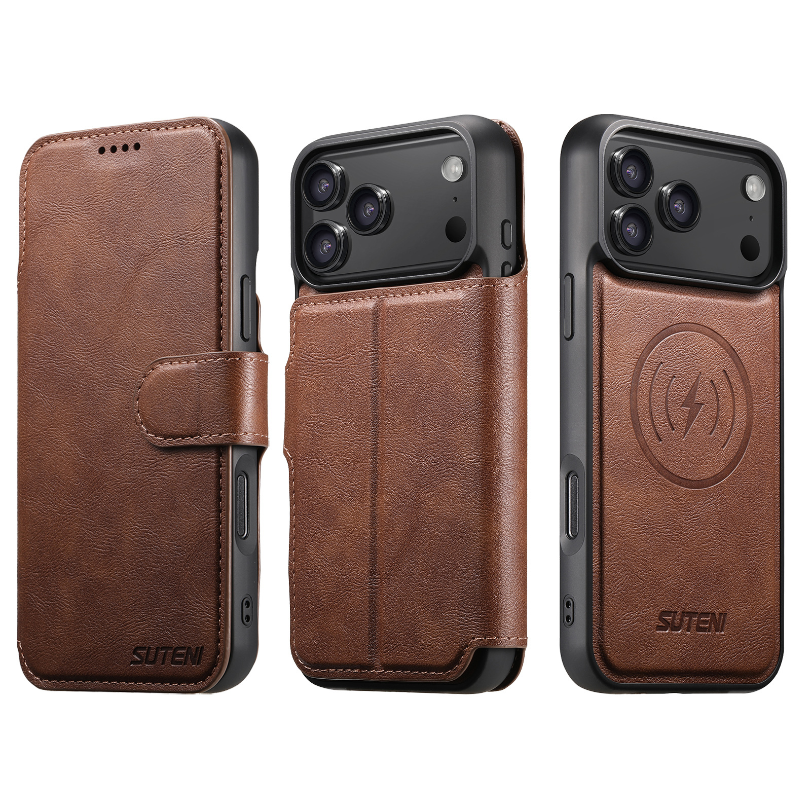 SUTENI Q05 Faux Leather Wireless Charging Card Holder Stand Wallet Magnetic Flip Cover Phone Case For iPhone 17 Pro Max 16 Plus 15 14 13 12