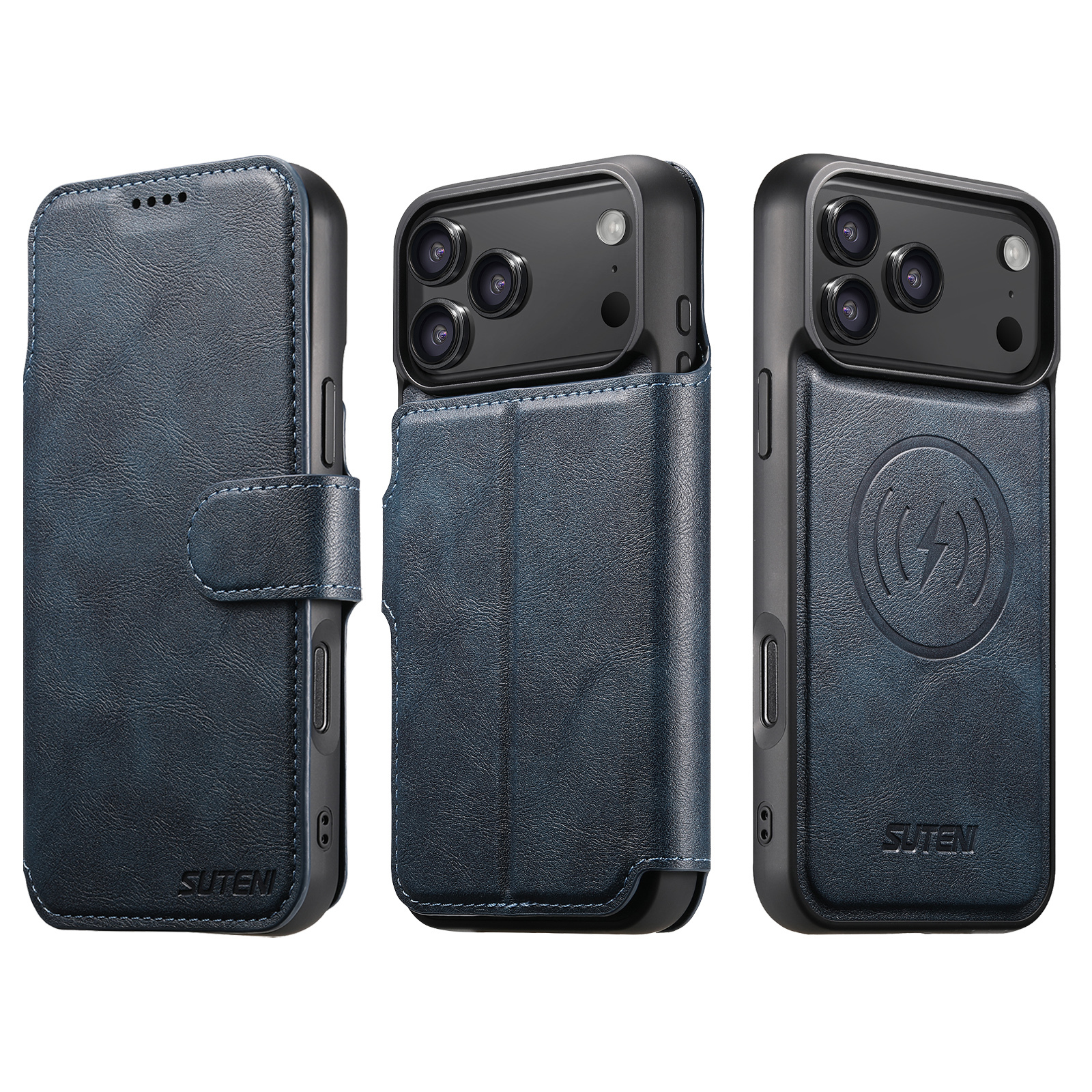 SUTENI Q05 Faux Leather Wireless Charging Card Holder Stand Wallet Magnetic Flip Cover Phone Case For iPhone 17 Pro Max 16 Plus 15 14 13 12