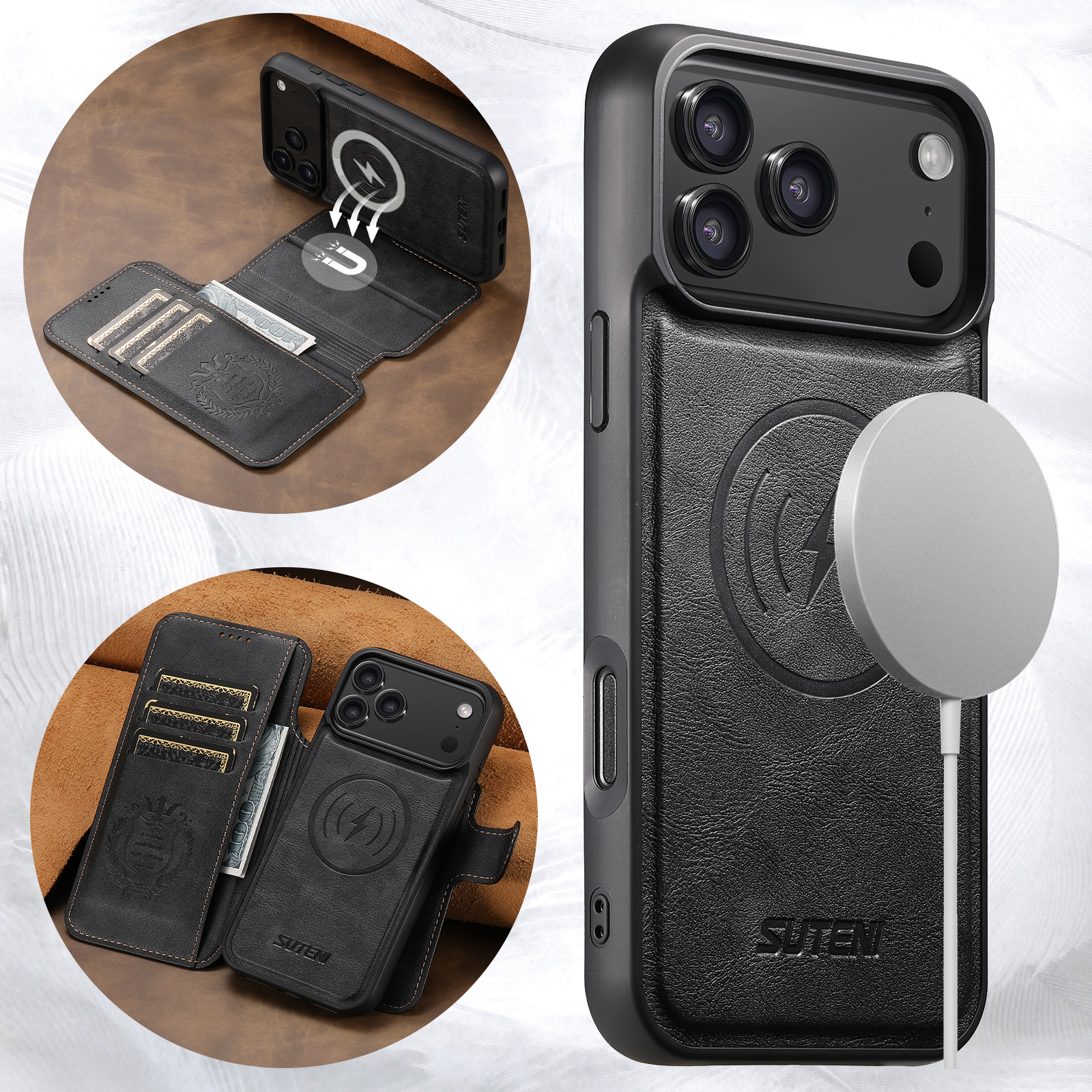 SUTENI Q05 Faux Leather Wireless Charging Card Holder Stand Wallet Magnetic Flip Cover Phone Case For iPhone 17 Pro Max 16 Plus 15 14 13 12