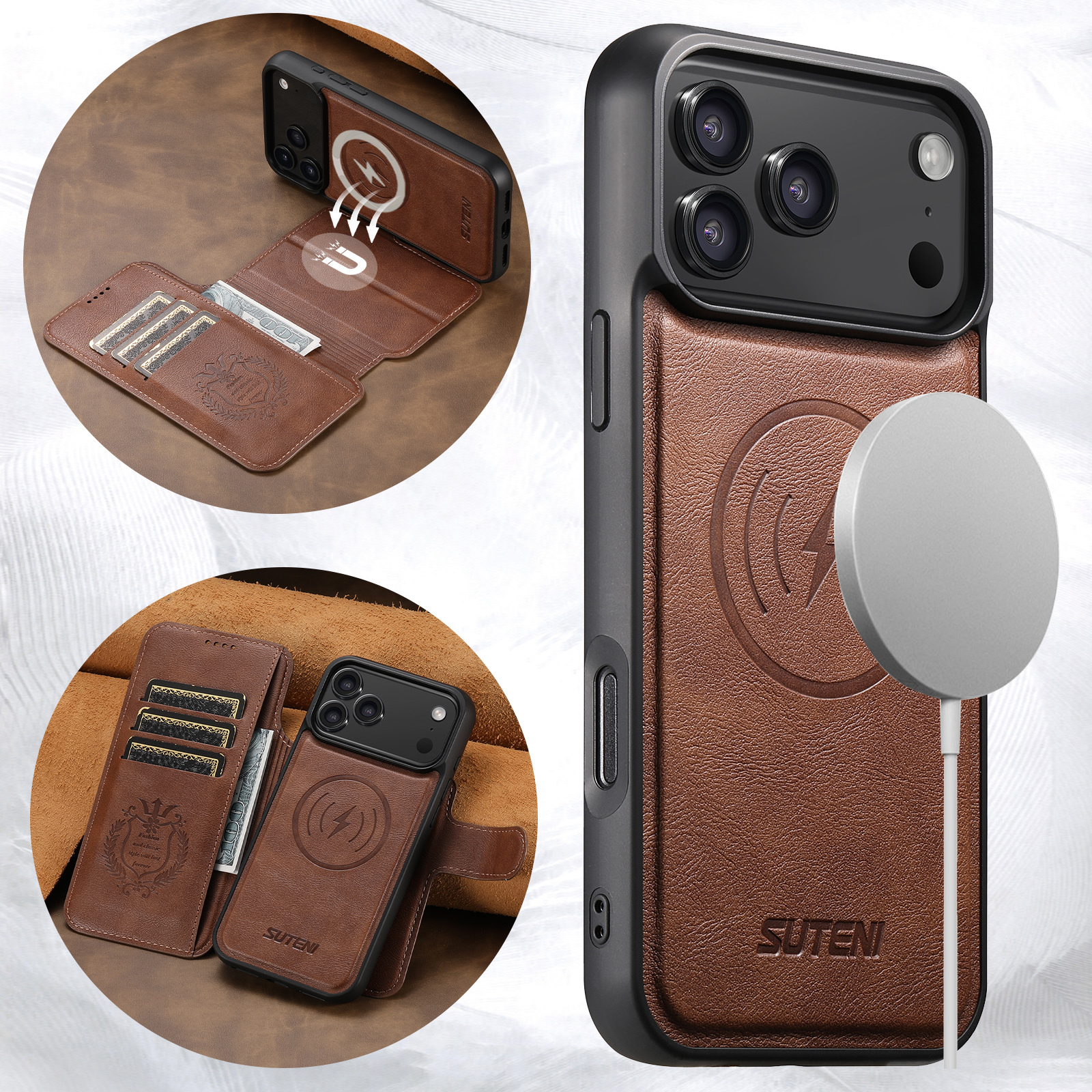 SUTENI Q05 Faux Leather Wireless Charging Card Holder Stand Wallet Magnetic Flip Cover Phone Case For iPhone 17 Pro Max 16 Plus 15 14 13 12