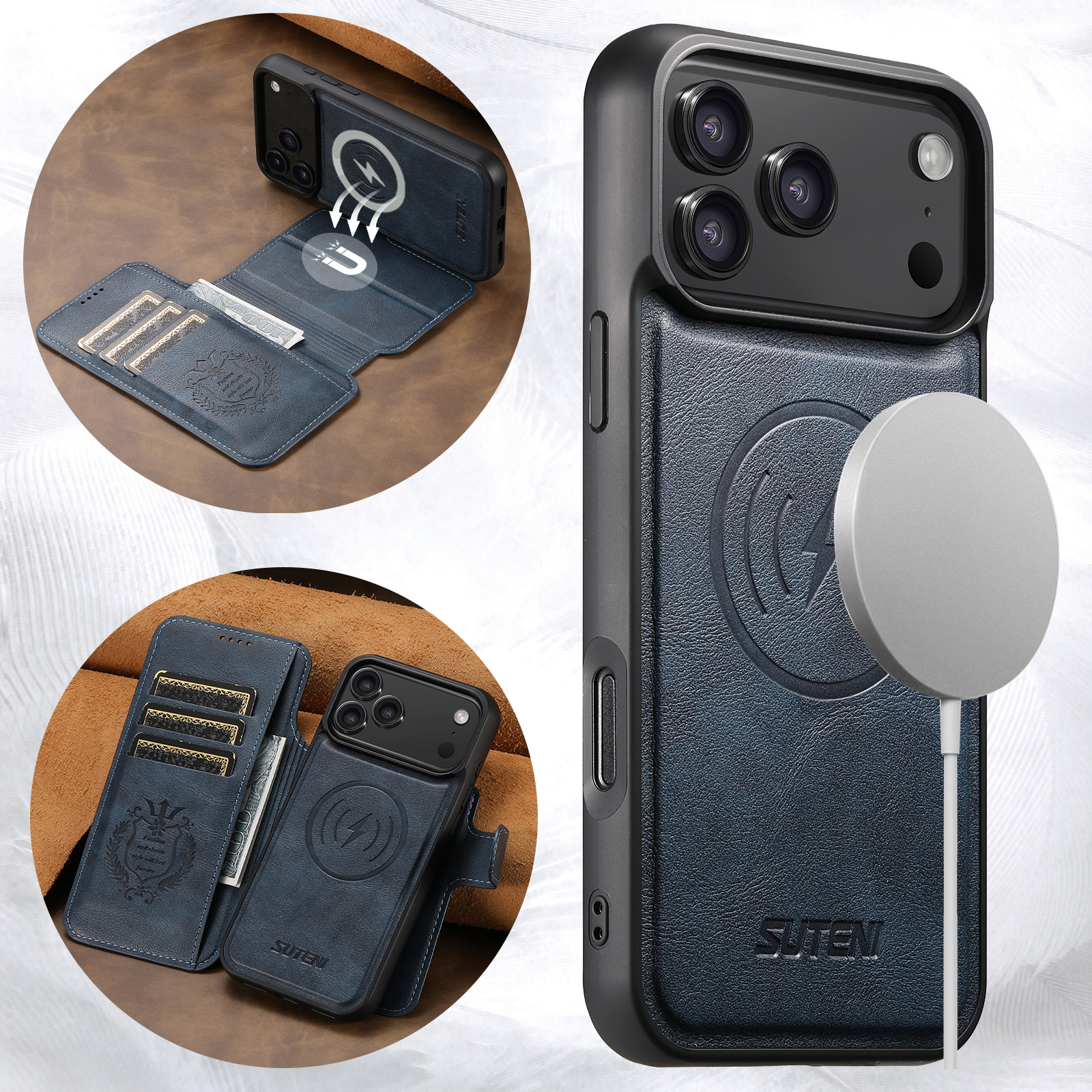 SUTENI Q05 Faux Leather Wireless Charging Card Holder Stand Wallet Magnetic Flip Cover Phone Case For iPhone 17 Pro Max 16 Plus 15 14 13 12