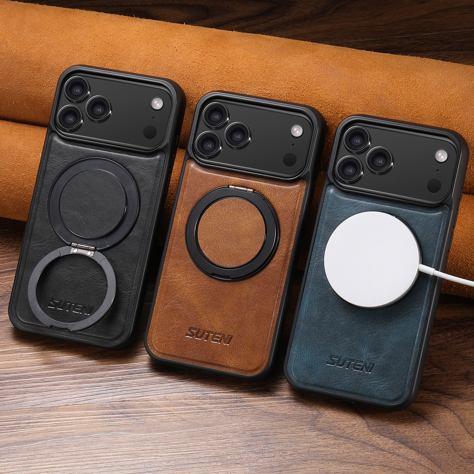 SUTENI G3YL Oil Wax PU Leather Magnet Wireless Charging Phone Case 360° Rotating Stand Buckle For iPhone 16 Pro Max 15 Plus 14 Pro 13 12