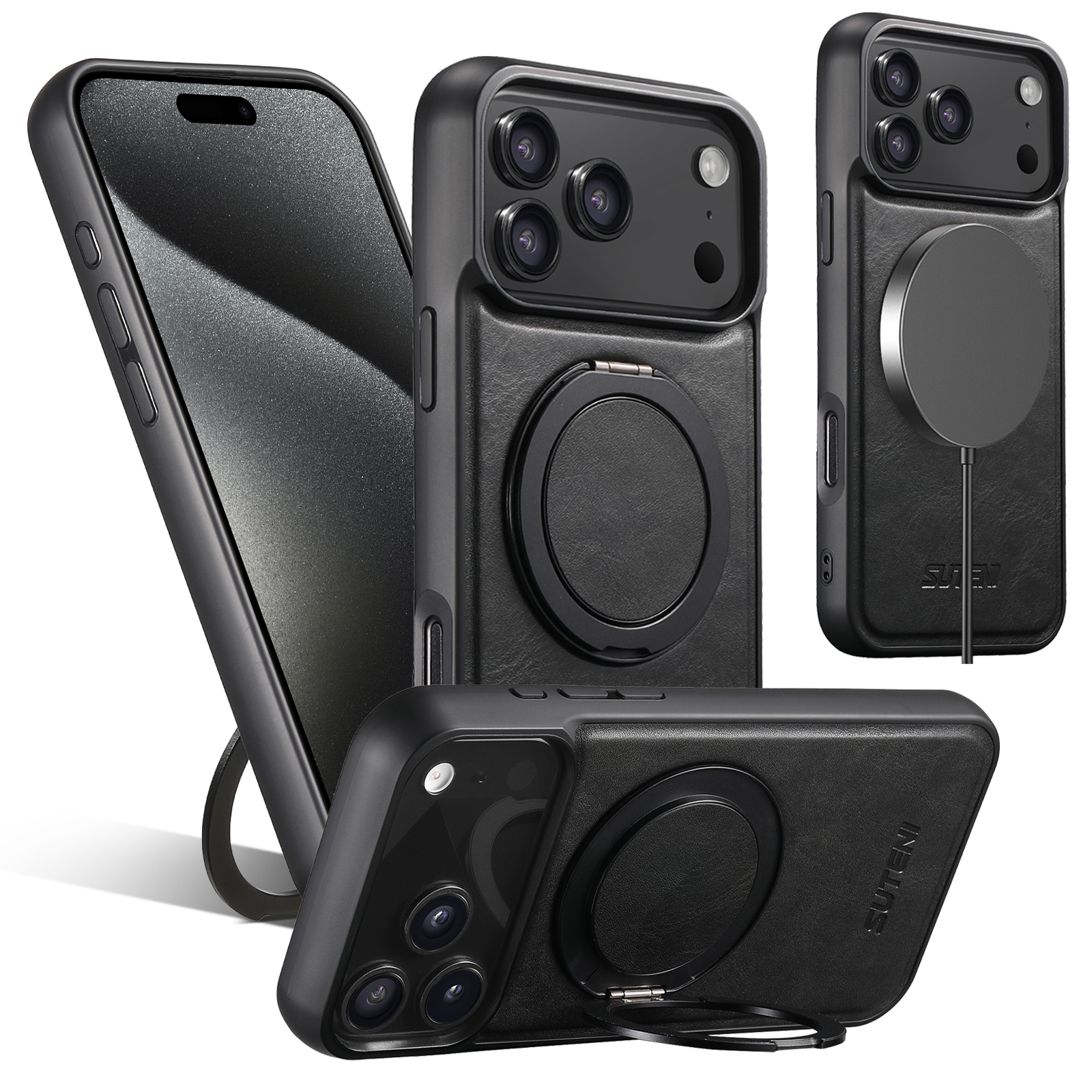 SUTENI G3YL Oil Wax PU Leather Magnet Wireless Charging Phone Case 360° Rotating Stand Buckle For iPhone 16 Pro Max 15 Plus 14 Pro 13 12