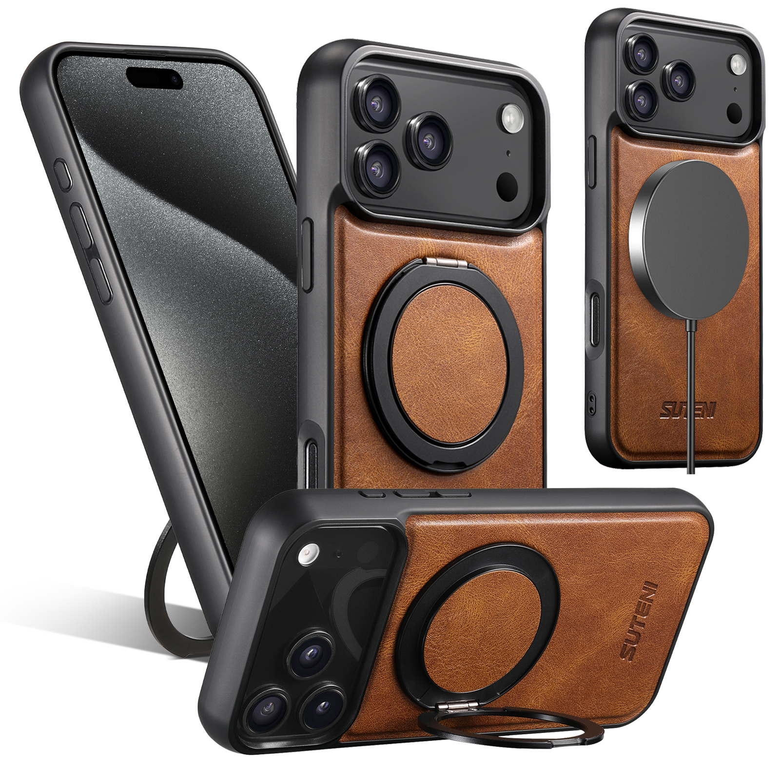SUTENI G3YL Oil Wax PU Leather Magnet Wireless Charging Phone Case 360° Rotating Stand Buckle For iPhone 16 Pro Max 15 Plus 14 Pro 13 12
