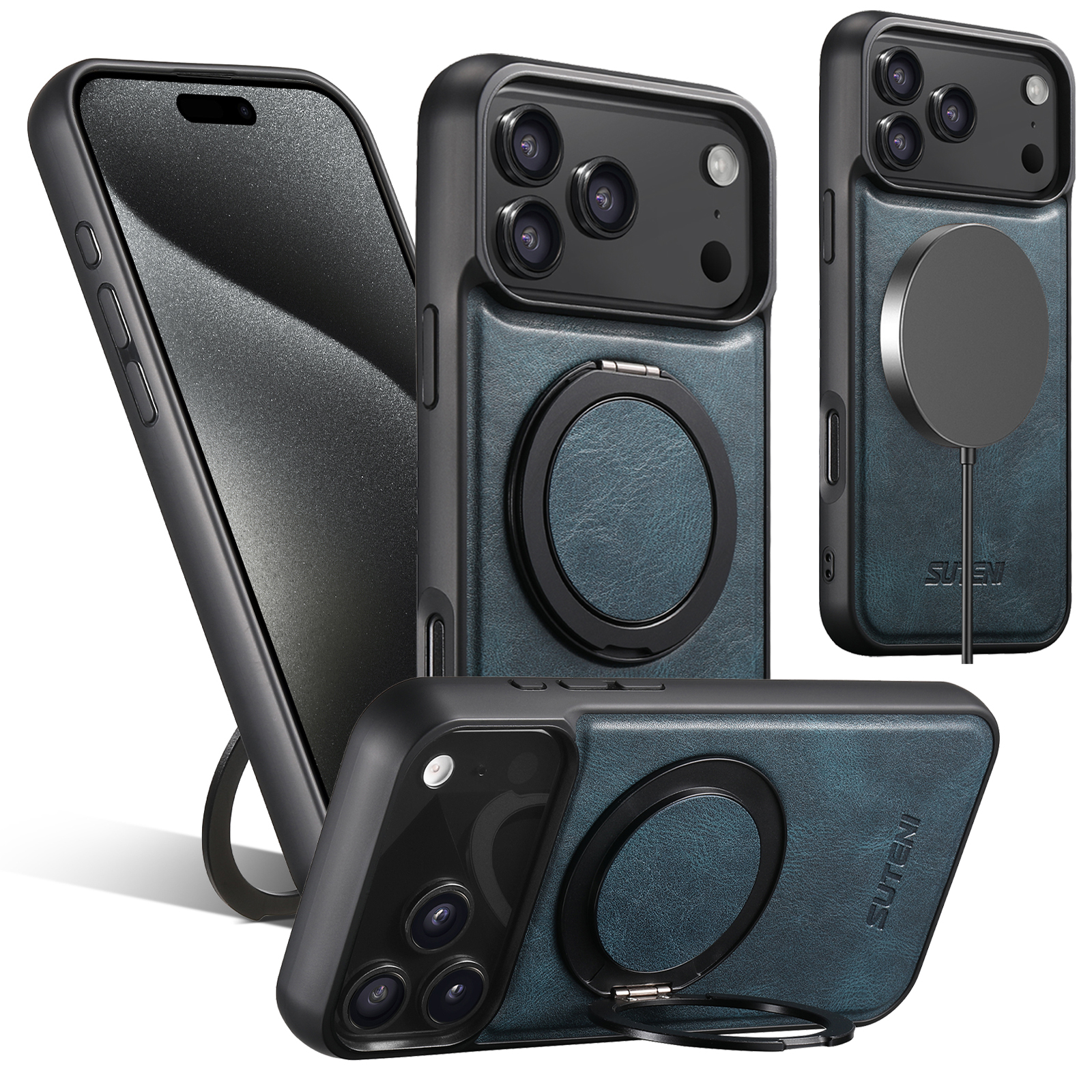 SUTENI G3YL Oil Wax PU Leather Magnet Wireless Charging Phone Case 360° Rotating Stand Buckle For iPhone 16 Pro Max 15 Plus 14 Pro 13 12