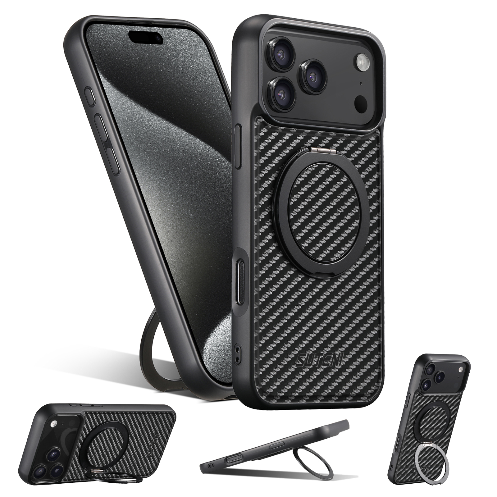 SUTENI G3TXW Magnet Wireless Charging Mobile Phone Case 360° Rotating Stand Faux Leather Ring Buckle For iPhone 17 Pro Max 16 Plus 15 14 13 12