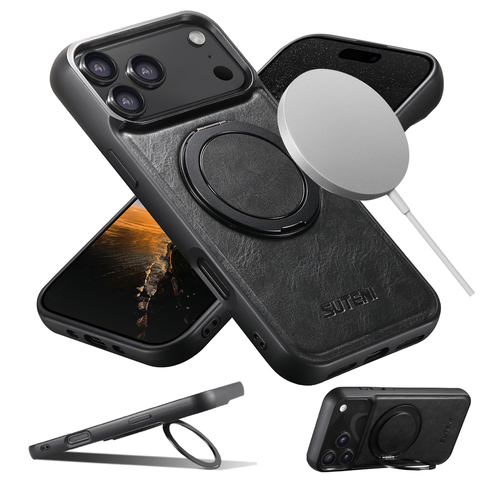 SUTENI G3YL Oil Wax PU Leather Magnet Wireless Charging Phone Case 360° Rotating Stand Buckle For iPhone 16 Pro Max 15 Plus 14 Pro 13 12