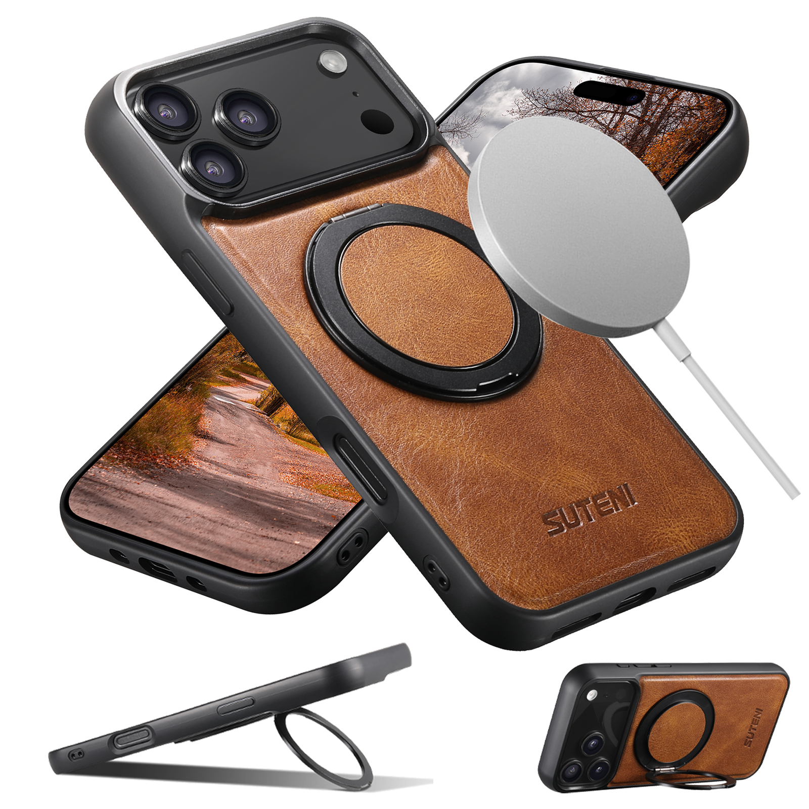 SUTENI G3YL Oil Wax PU Leather Magnet Wireless Charging Phone Case 360° Rotating Stand Buckle For iPhone 16 Pro Max 15 Plus 14 Pro 13 12