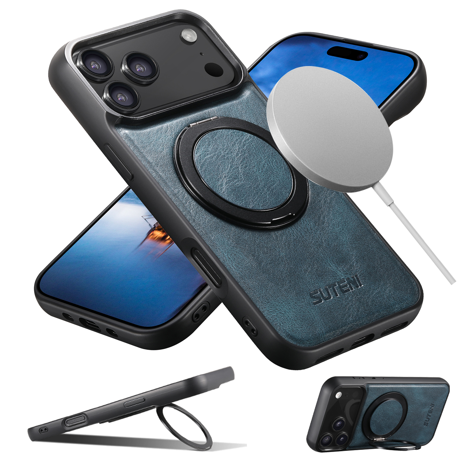 SUTENI G3YL Oil Wax PU Leather Magnet Wireless Charging Phone Case 360° Rotating Stand Buckle For iPhone 16 Pro Max 15 Plus 14 Pro 13 12
