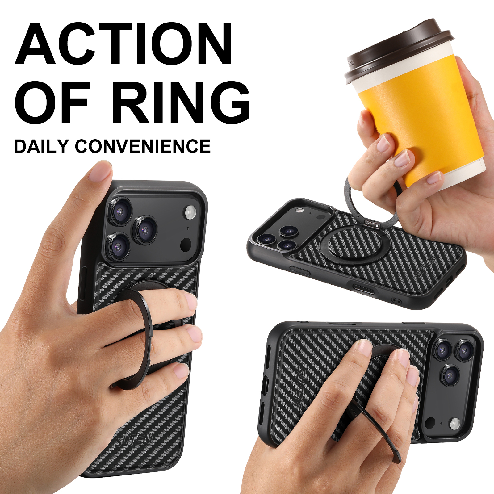 SUTENI G3TXW Magnet Wireless Charging Mobile Phone Case 360° Rotating Stand Faux Leather Ring Buckle For iPhone 17 Pro Max 16 Plus 15 14 13 12