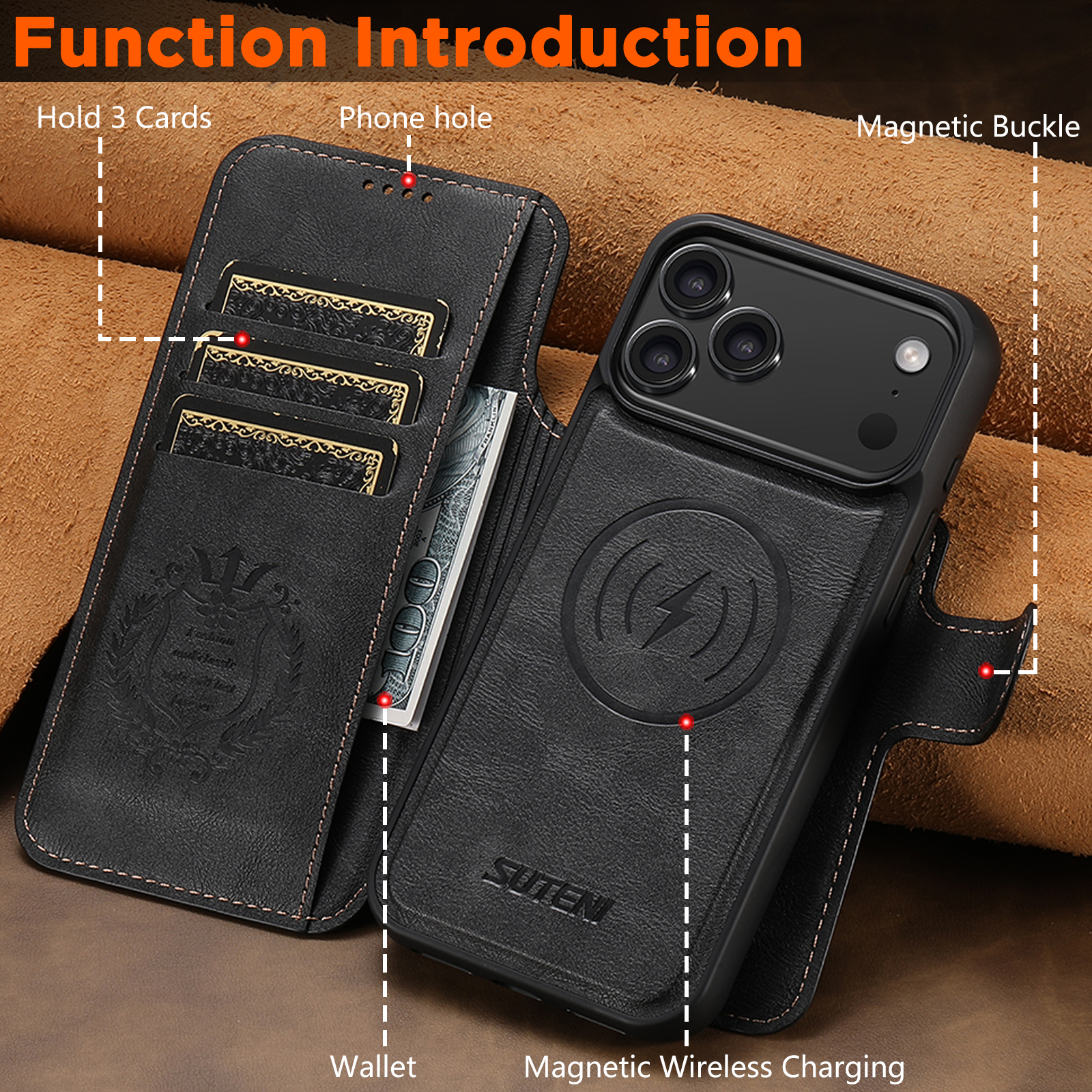 SUTENI Q05 Faux Leather Wireless Charging Card Holder Stand Wallet Magnetic Flip Cover Phone Case For iPhone 17 Pro Max 16 Plus 15 14 13 12