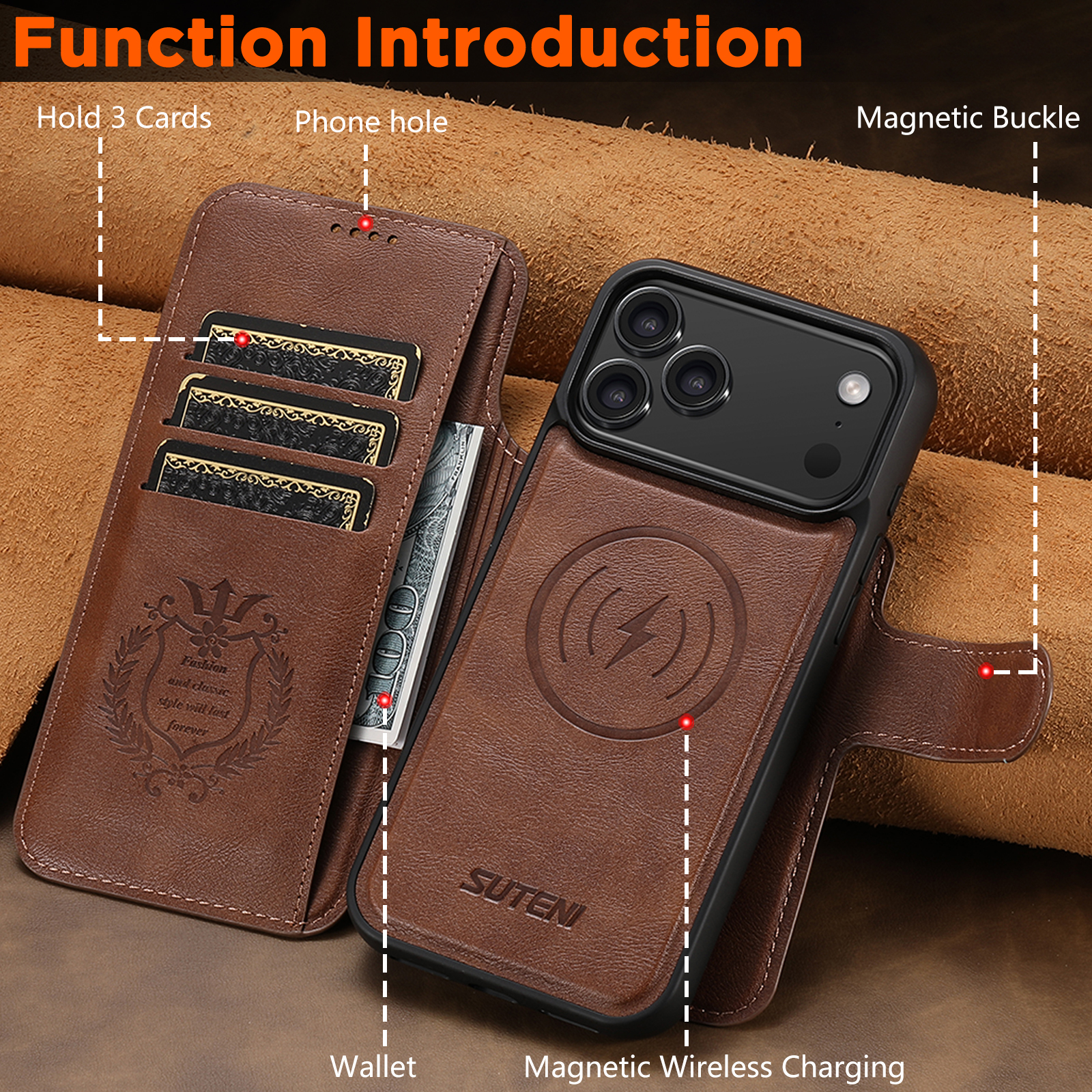 SUTENI Q05 Faux Leather Wireless Charging Card Holder Stand Wallet Magnetic Flip Cover Phone Case For iPhone 17 Pro Max 16 Plus 15 14 13 12