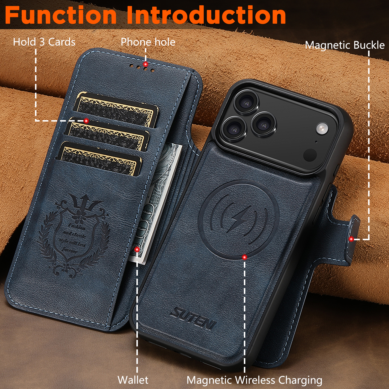 SUTENI Q05 Faux Leather Wireless Charging Card Holder Stand Wallet Magnetic Flip Cover Phone Case For iPhone 17 Pro Max 16 Plus 15 14 13 12