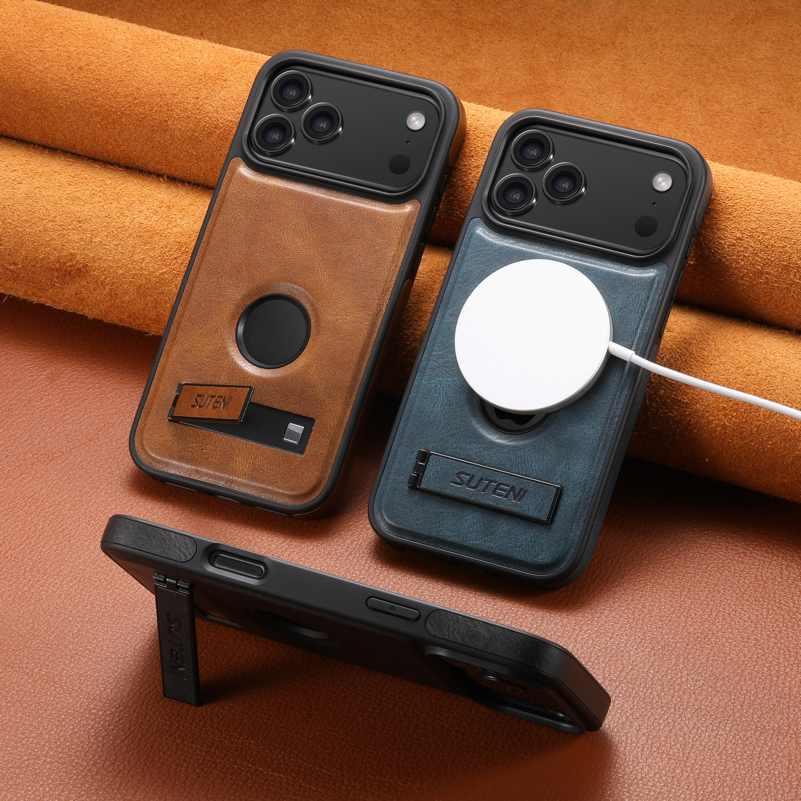 SUTENI G2YL Luxury Faux Leather Phone Case Stand Magnet Wireless Charging Smooth Surface For iPhone 17 Pro Max 16 Plus 15 14 13 12