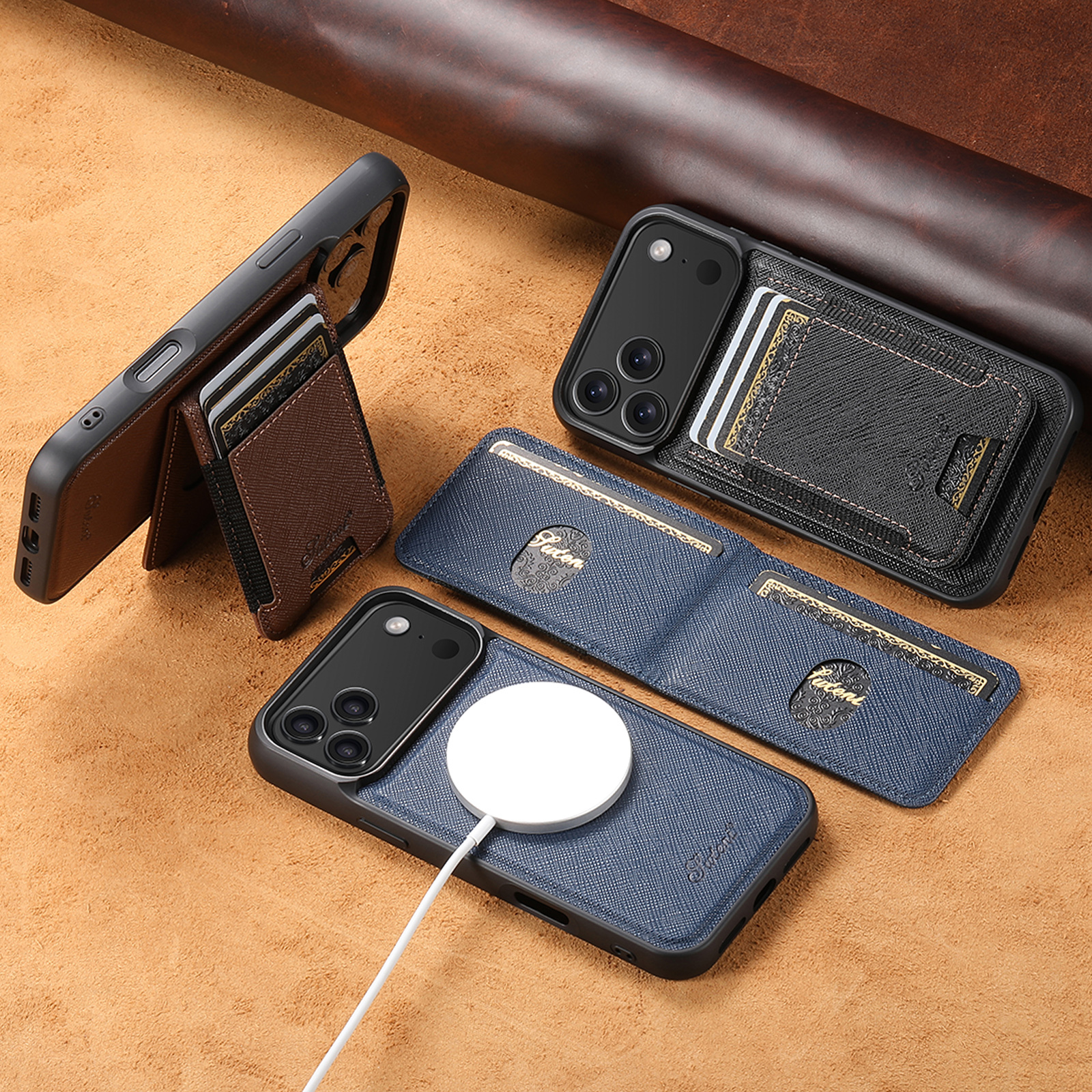 SUTENI H17SZ Wireless Charging Magnet Phone Case Card Holder Stand Faux Leather For iPhone 17 Pro Max 16 Plus 15 14 13 12